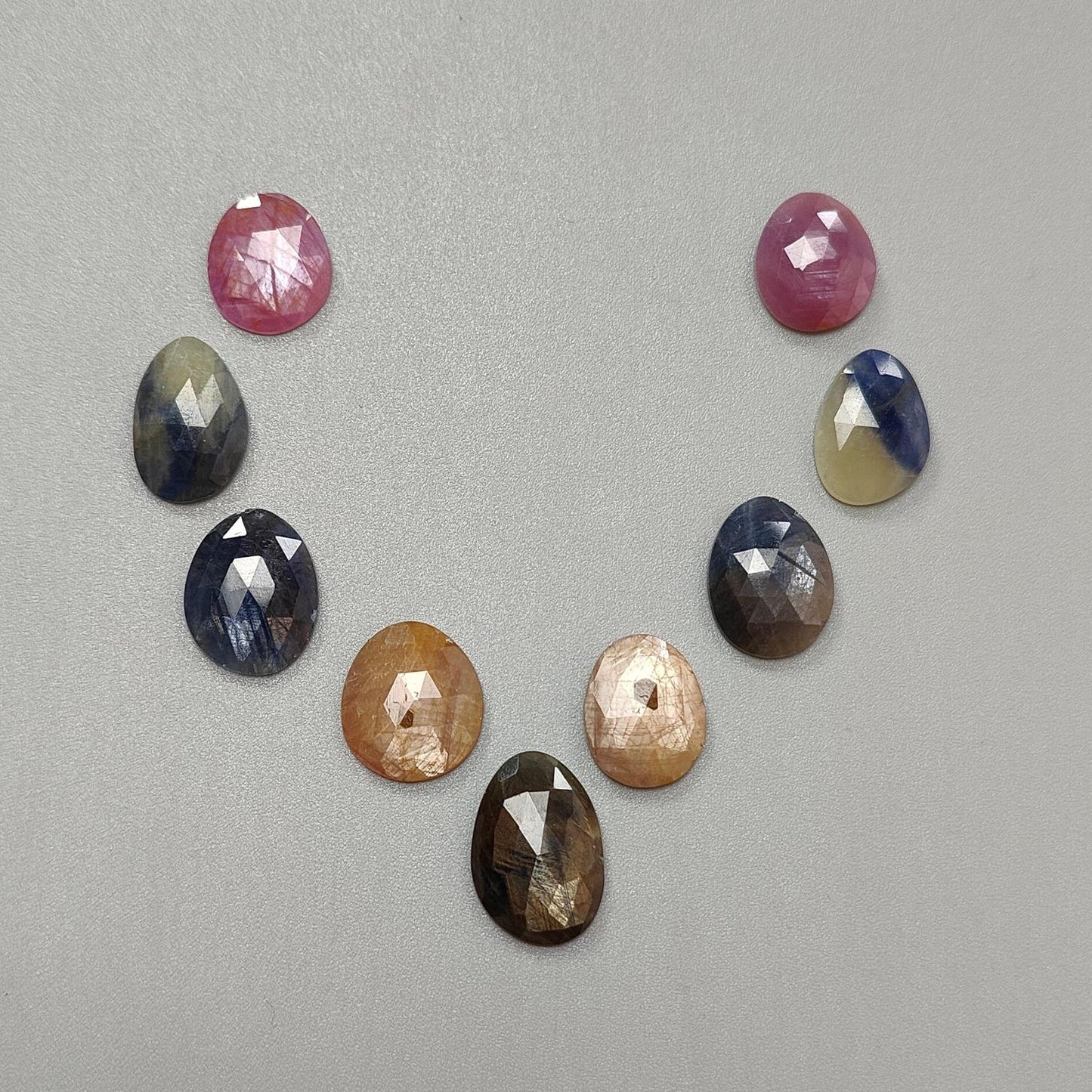Multi Sapphire Gemstone Rose Cut Slices: 57.70cts Natural Untreated Sapphire Faceted Egg Shape 14*12.5mm - 18.5*14mm 9pcs Set for Jewelry