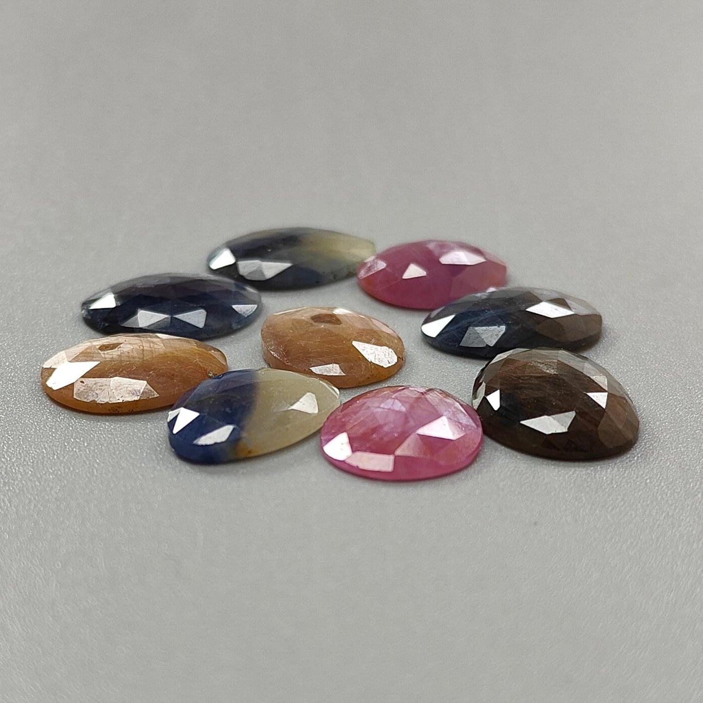 Multi Sapphire Gemstone Rose Cut Slices: 57.70cts Natural Untreated Sapphire Faceted Egg Shape 14*12.5mm - 18.5*14mm 9pcs Set for Jewelry