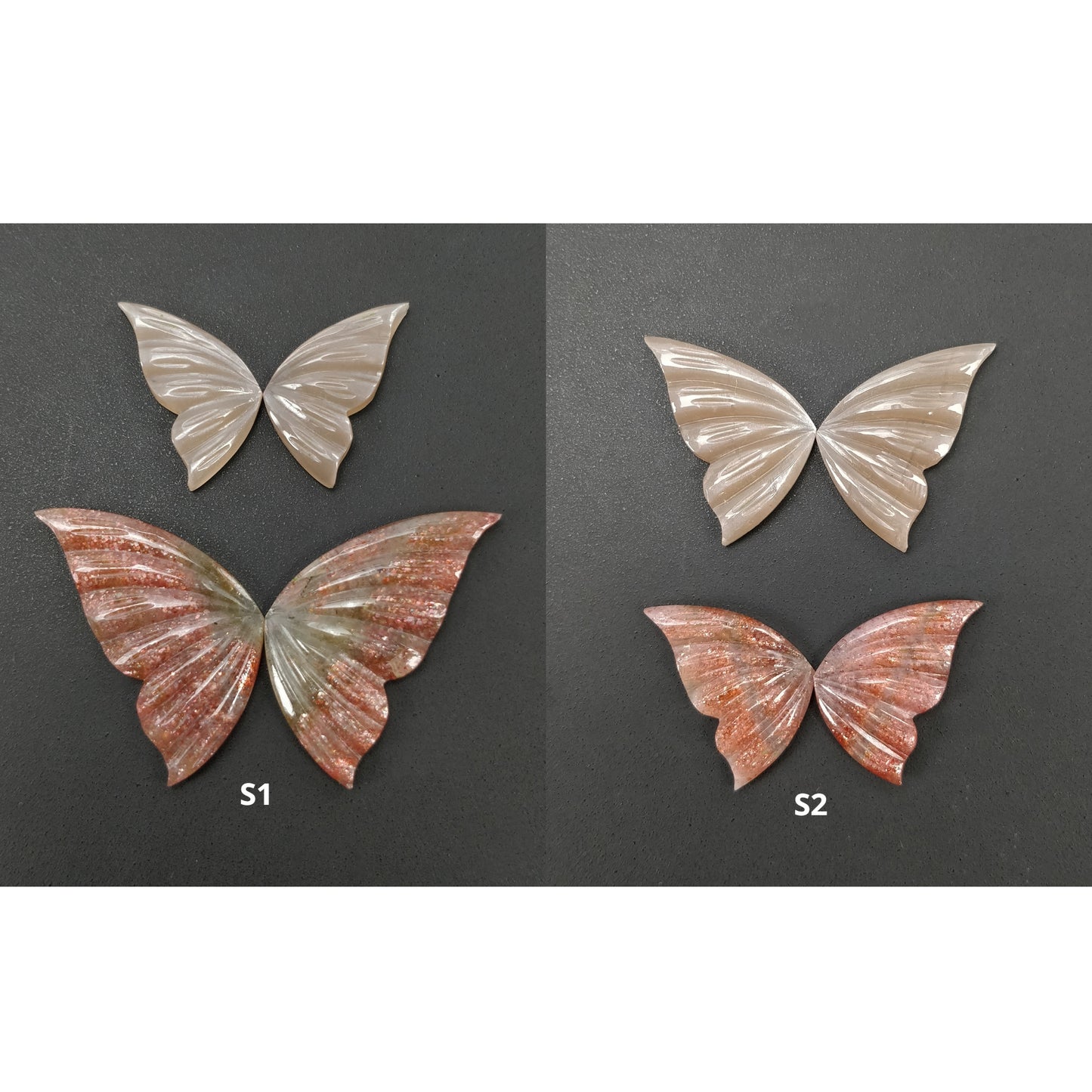 Orange Sunstone & Peach Moonstone Gemstone Carving : Natural Untreated Unheated Hand Carved Butterfly 2 Pair Set