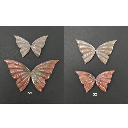 Orange Sunstone & Peach Moonstone Gemstone Carving : Natural Untreated Unheated Hand Carved Butterfly 2 Pair Set