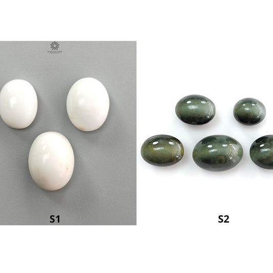 White Opal & Chrysoberyl Cat's Eye Gemstone Cabochon: Natural Untreated Unheated Color Enhanced Bi-color Opal Shape Gemstone Set For Jewelry