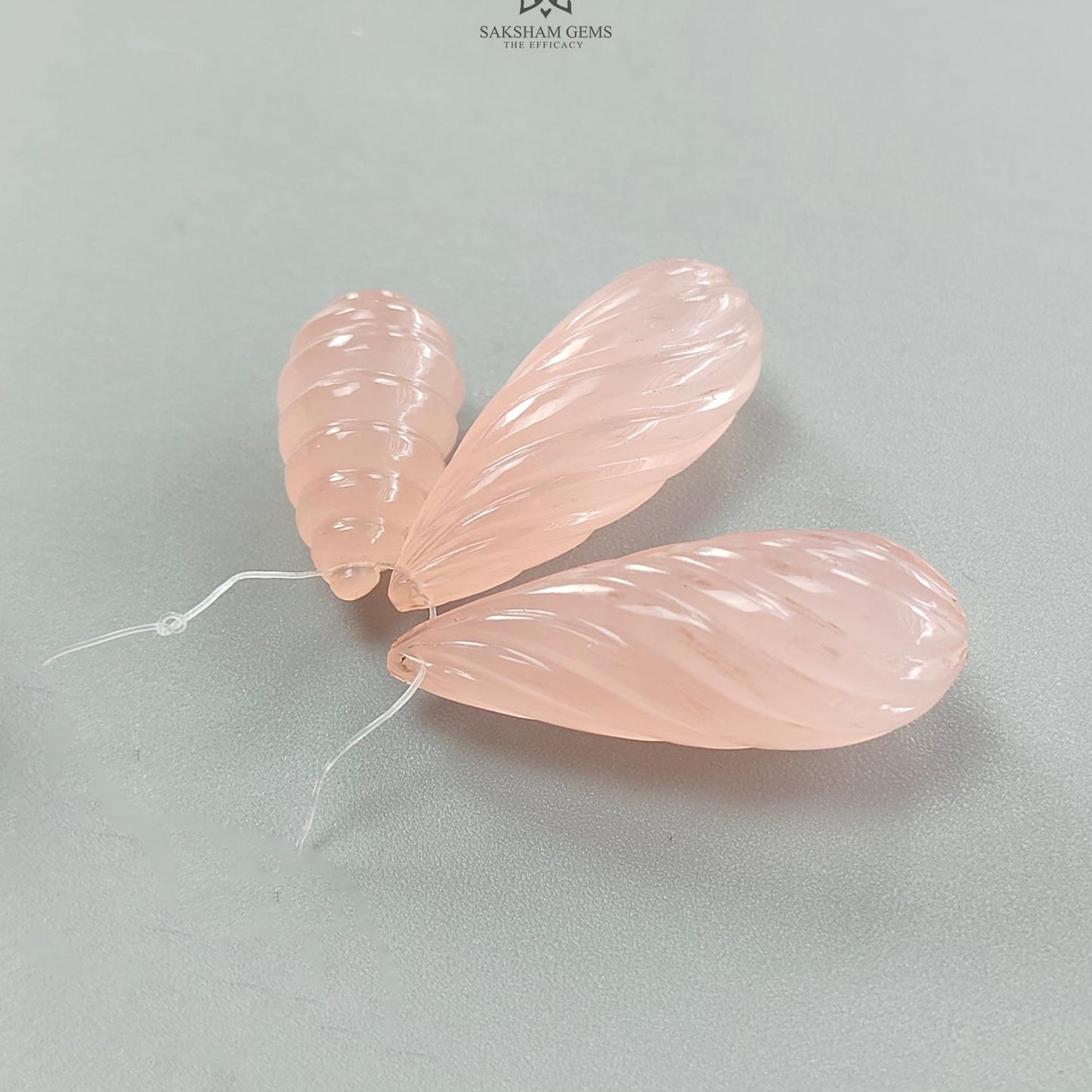 Peach Onyx Teardrops Carving: 68.70cts Natural Onyx Gemstone Hand Carved Drilled Beads 21mm - 33mm 3pcs Set