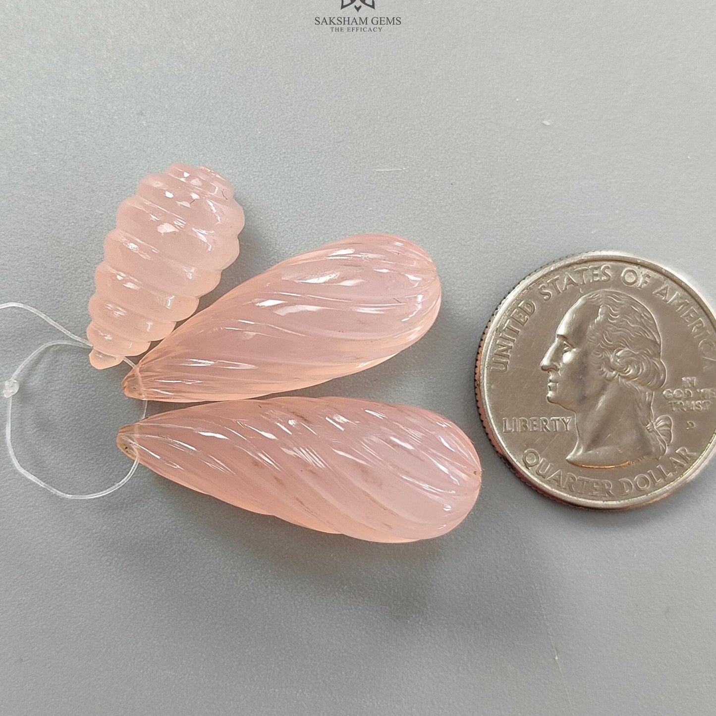 Peach Onyx Teardrops Carving: 68.70cts Natural Onyx Gemstone Hand Carved Drilled Beads 21mm - 33mm 3pcs Set