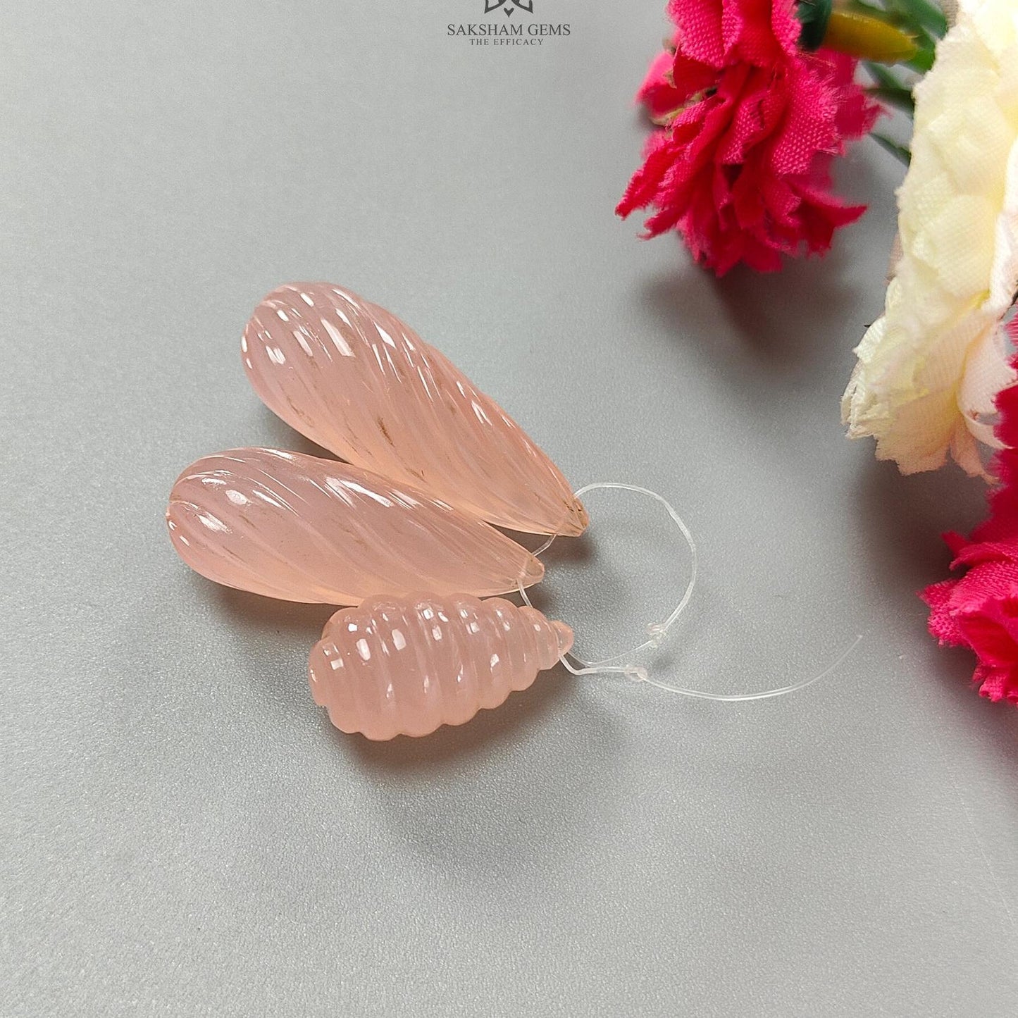 Peach Onyx Teardrops Carving: 68.70cts Natural Onyx Gemstone Hand Carved Drilled Beads 21mm - 33mm 3pcs Set