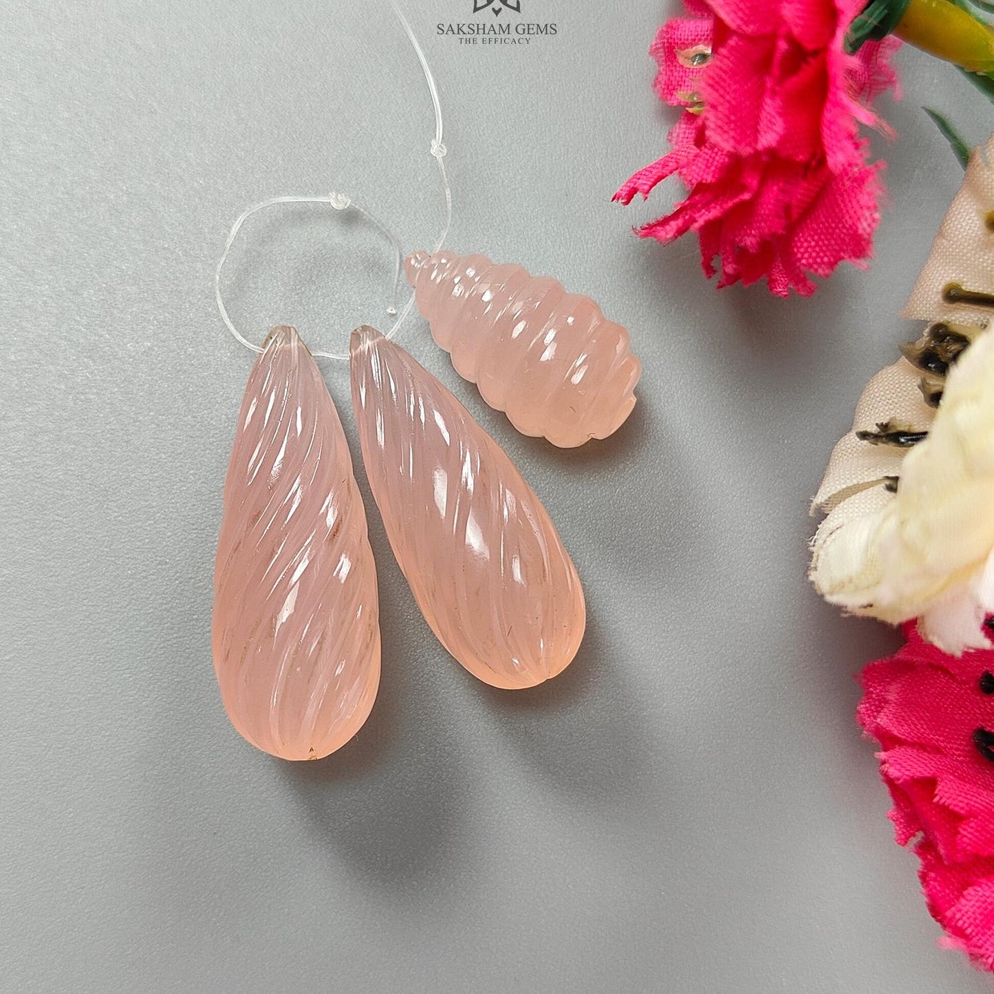 Peach Onyx Teardrops Carving: 68.70cts Natural Onyx Gemstone Hand Carved Drilled Beads 21mm - 33mm 3pcs Set