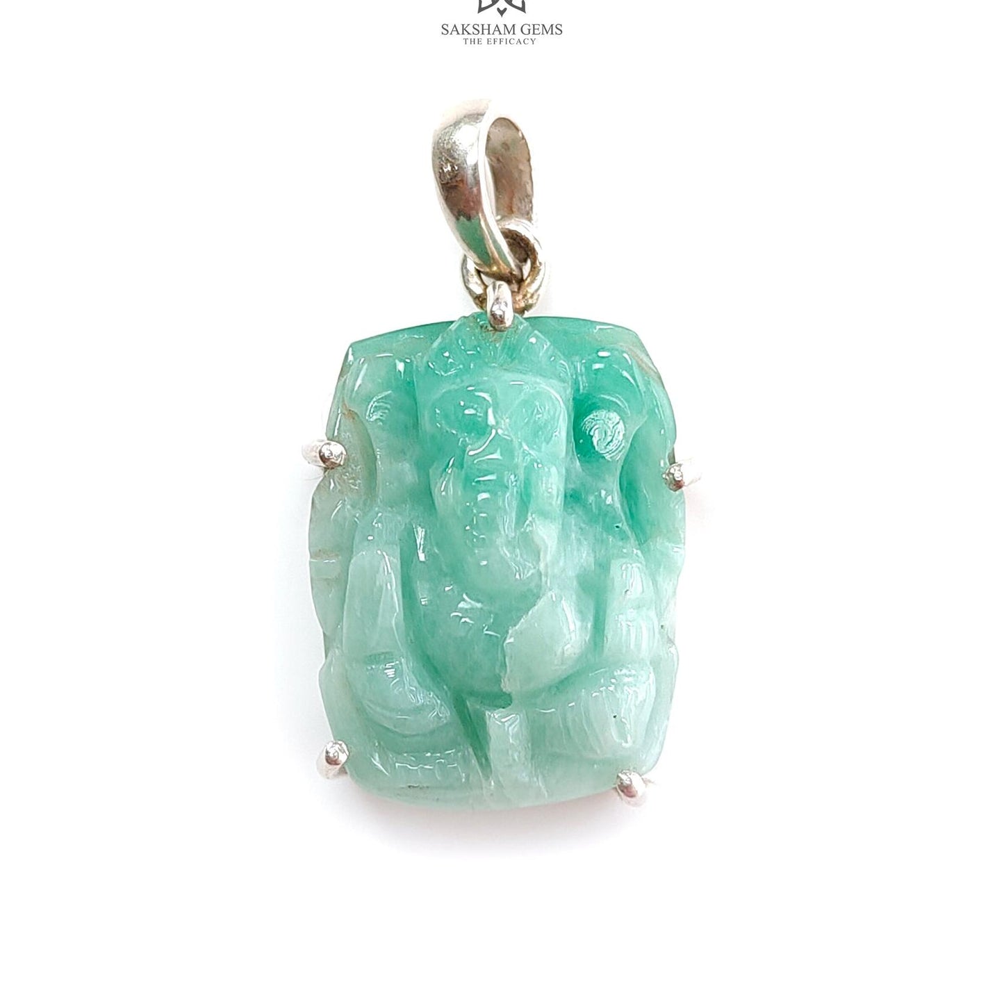 Emerald Ganesha Carving Silver Pendant 6gms