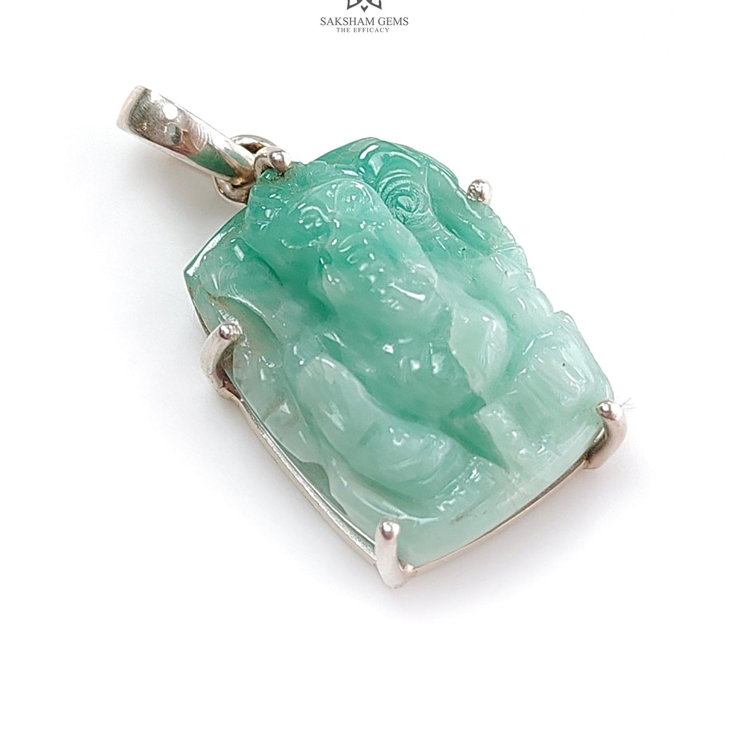 Emerald Ganesha Carving Silver Pendant: 6gms Natural Untreated Green Emerald Lord Ganesha Idol 925 Sterling Silver Prong Set Pendant 1.25"
