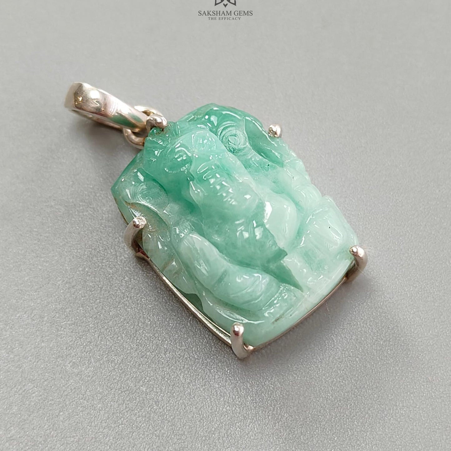 Emerald Ganesha Carving Silver Pendant: 6gms Natural Untreated Green Emerald Lord Ganesha Idol 925 Sterling Silver Prong Set Pendant 1.25"