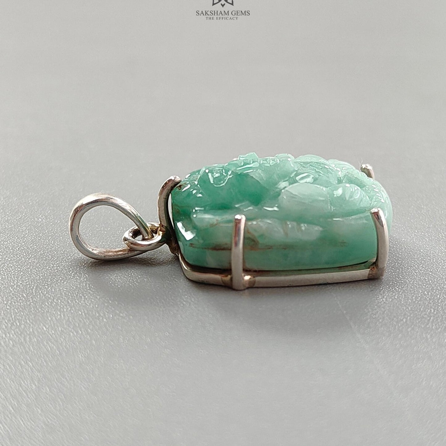 Emerald Ganesha Carving Silver Pendant: 6gms Natural Untreated Green Emerald Lord Ganesha Idol 925 Sterling Silver Prong Set Pendant 1.25"