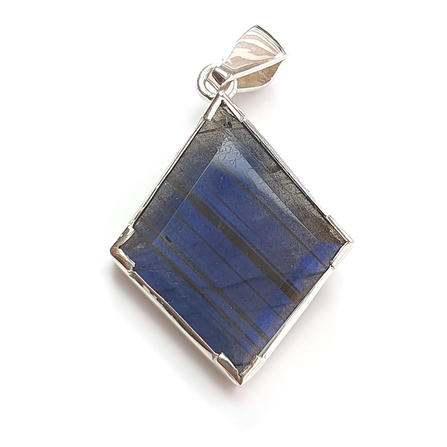 Blue Labradorite Silver Faceted Pendant: 6.11gms Natural Untreated Labradorite Marquise Fancy Cut 925 Sterling Silver Prong Set 1.75"