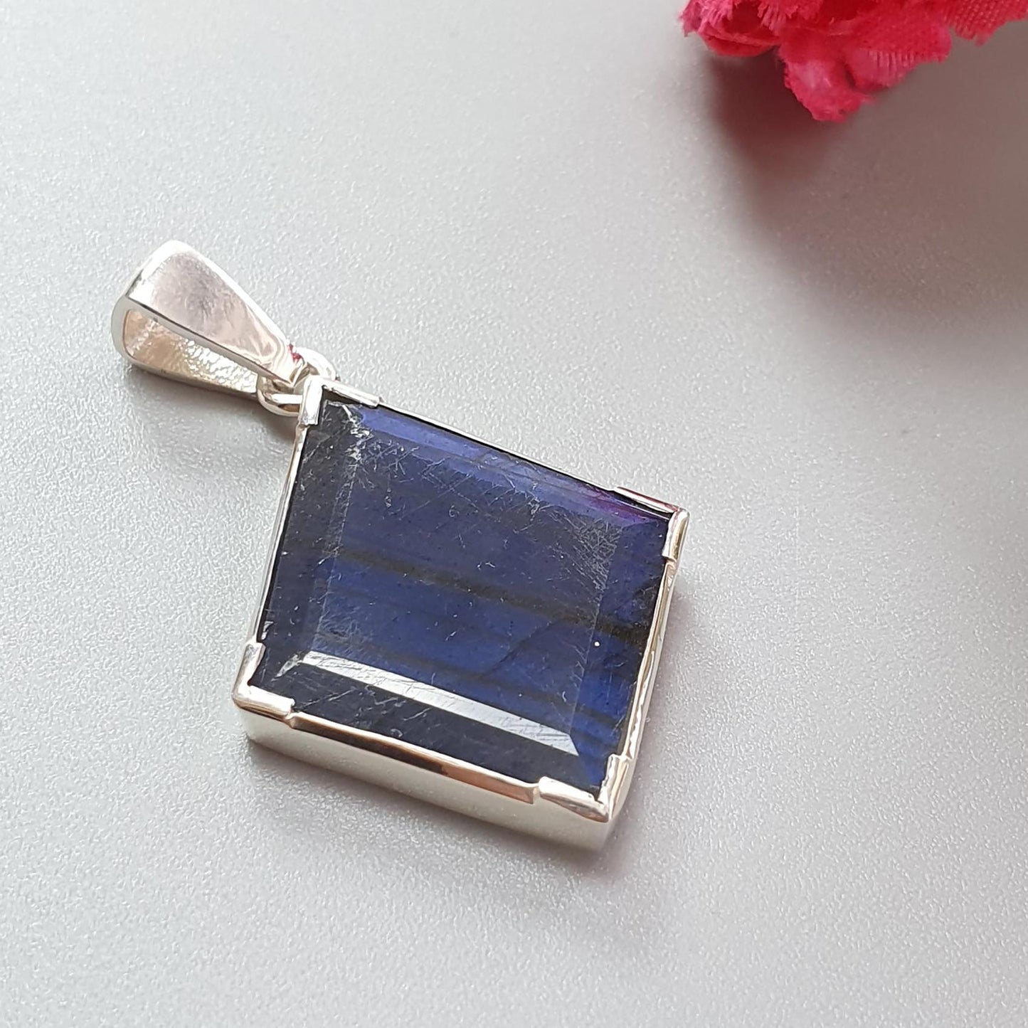Blue Labradorite Silver Faceted Pendant: 6.11gms Natural Untreated Labradorite Marquise Fancy Cut 925 Sterling Silver Prong Set 1.75"