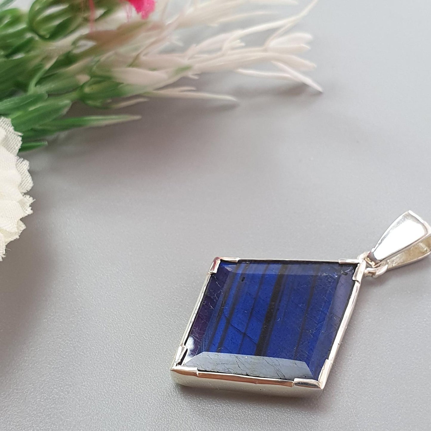 Blue Labradorite Silver Faceted Pendant: 6.11gms Natural Untreated Labradorite Marquise Fancy Cut 925 Sterling Silver Prong Set 1.75"