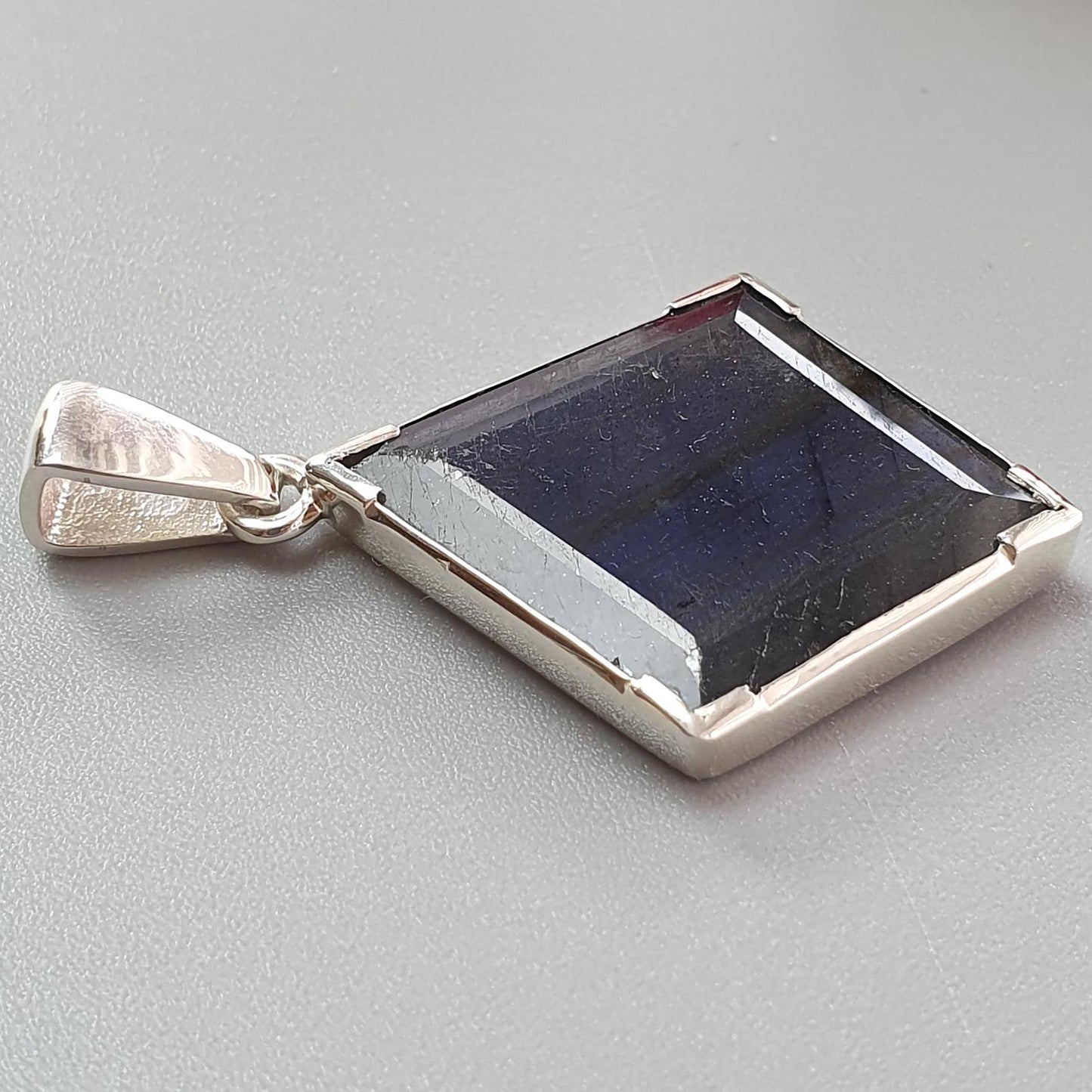 Blue Labradorite Silver Faceted Pendant: 6.11gms Natural Untreated Labradorite Marquise Fancy Cut 925 Sterling Silver Prong Set 1.75"