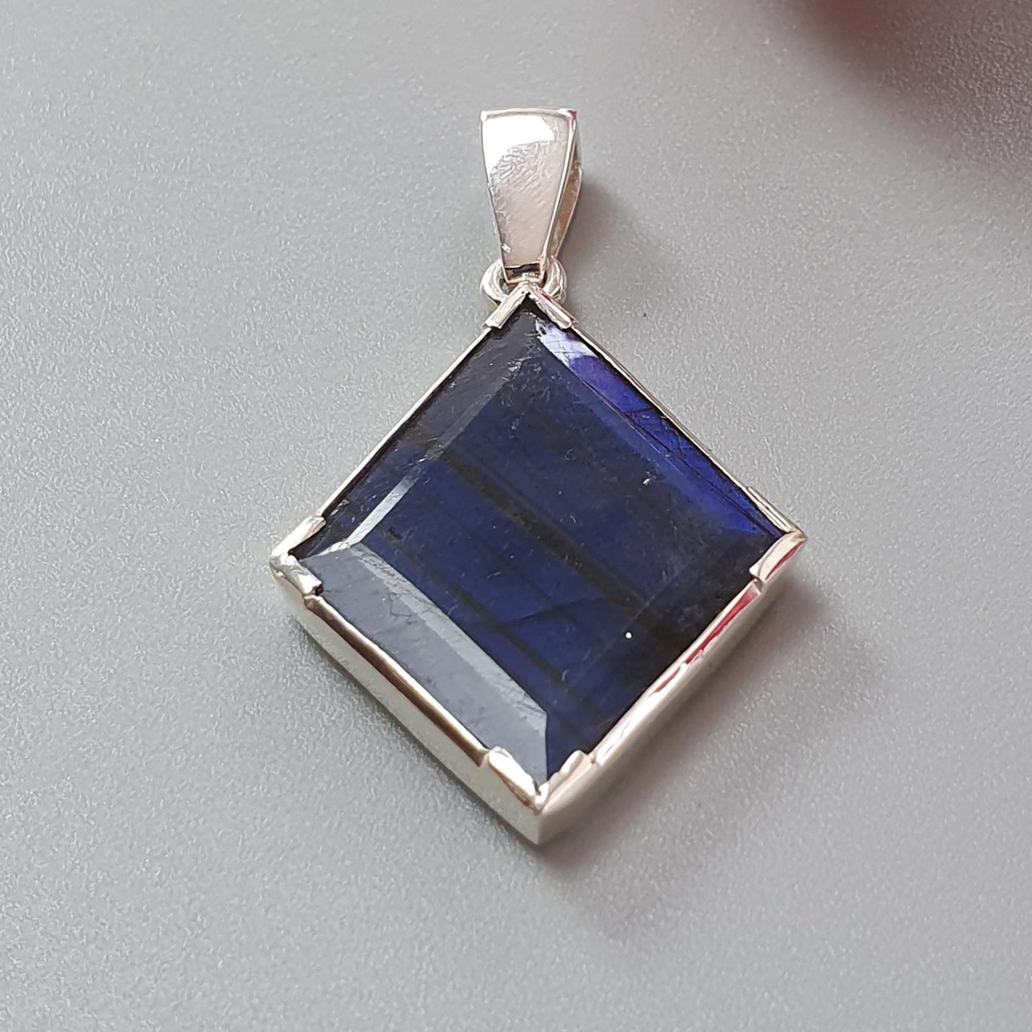 Blue Labradorite Silver Faceted Pendant: 6.11gms Natural Untreated Labradorite Marquise Fancy Cut 925 Sterling Silver Prong Set 1.75"