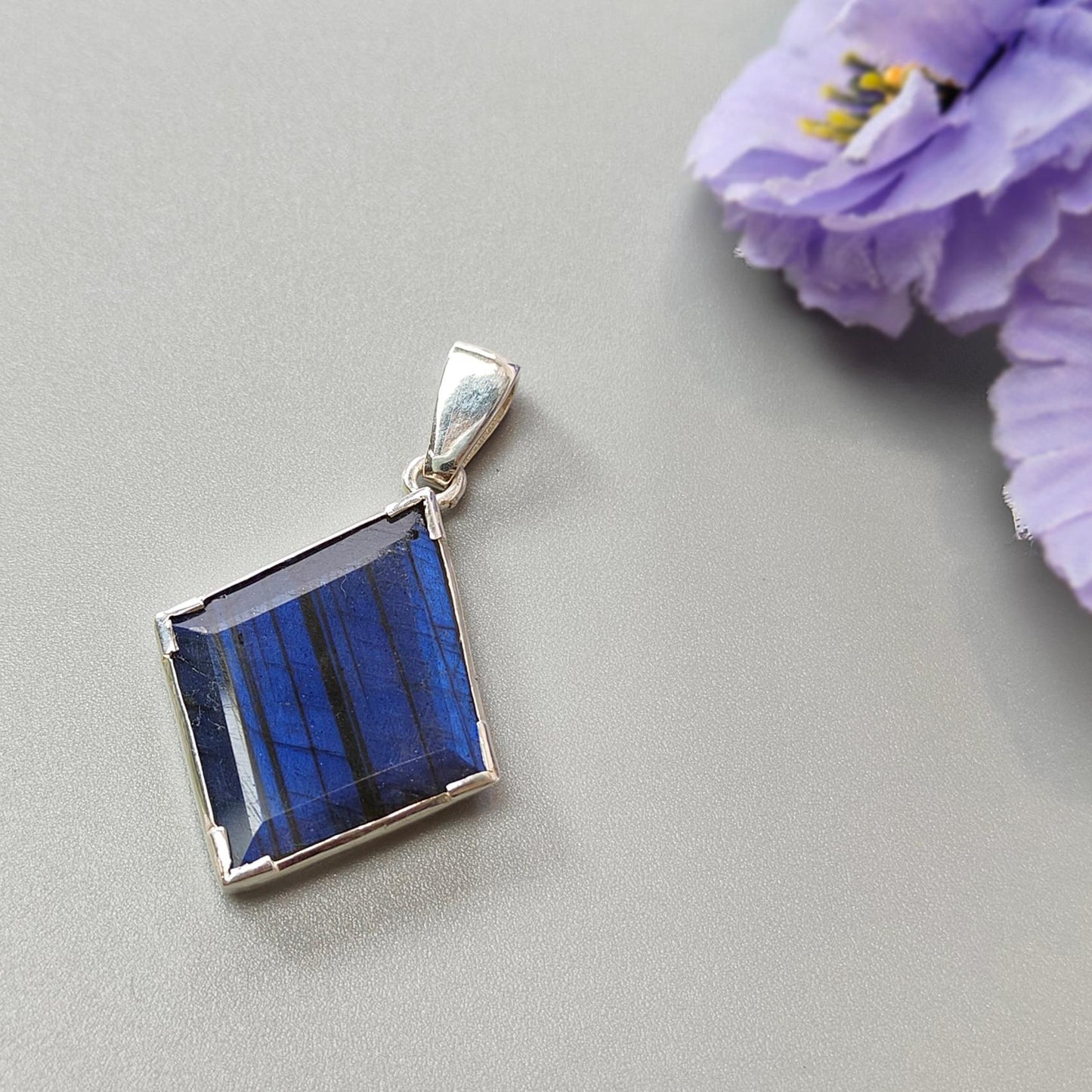 Blue Labradorite Silver Faceted Pendant: 6.11gms Natural Untreated Labradorite Marquise Fancy Cut 925 Sterling Silver Prong Set 1.75"