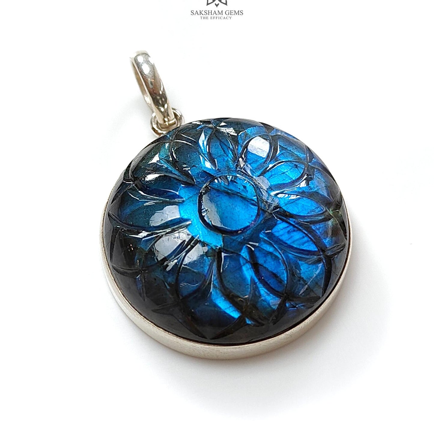 Blue Labradorite Silver Pendant: 16.37gms Natural Untreated Labradorite Round Carving 925 Sterling Silver Bezel Set Pendant 1.50"