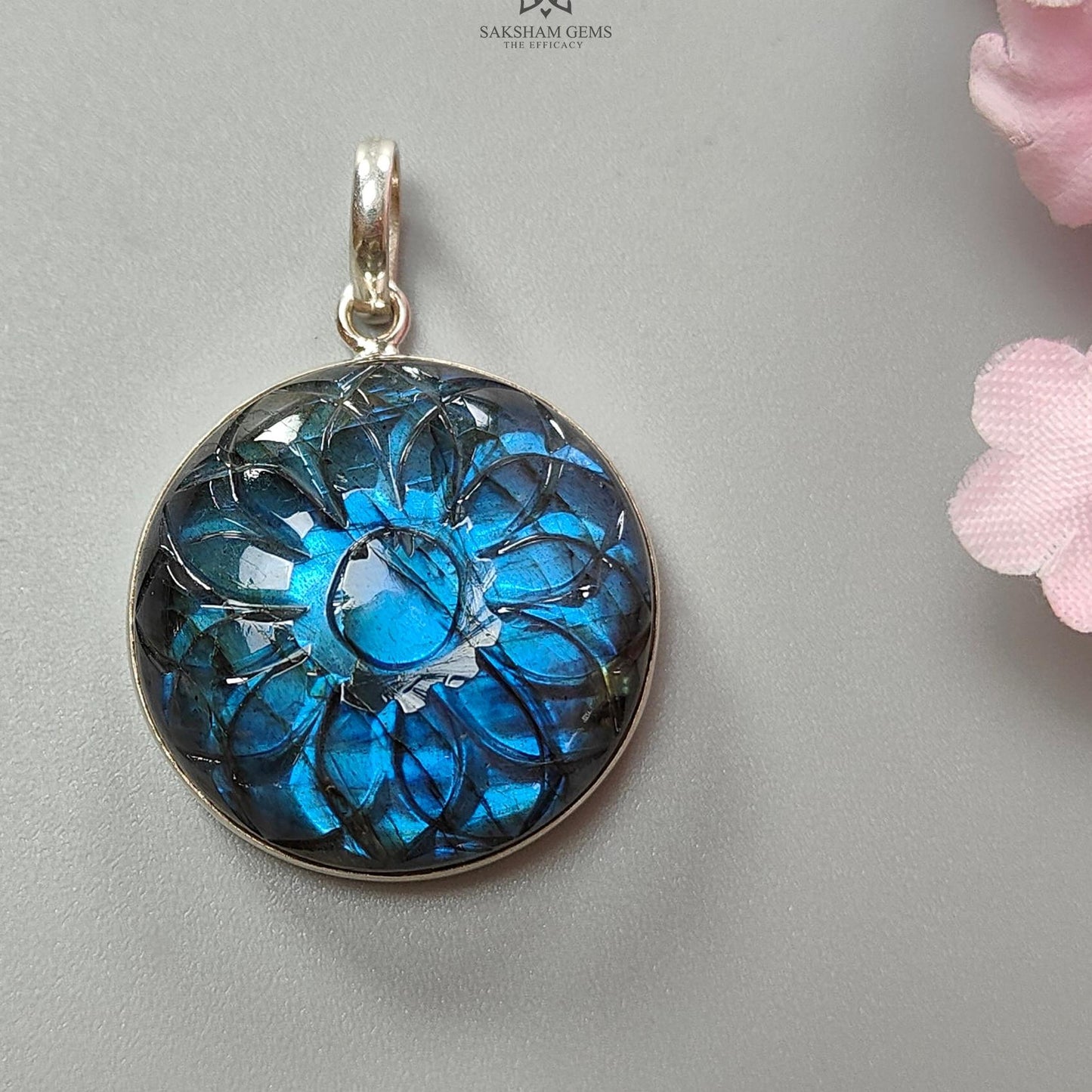 Blue Labradorite Silver Pendant: 16.37gms Natural Untreated Labradorite Round Carving 925 Sterling Silver Bezel Set Pendant 1.50"