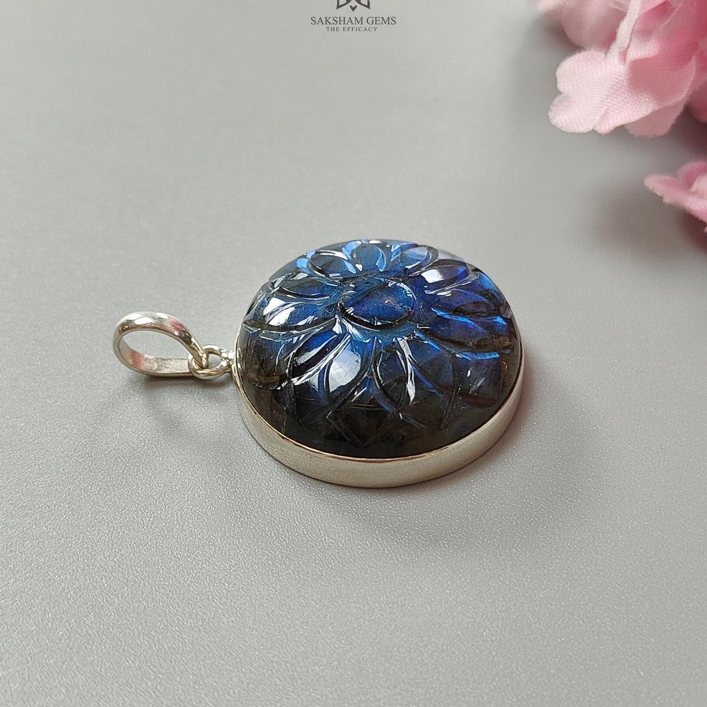 Blue Labradorite Silver Pendant: 16.37gms Natural Untreated Labradorite Round Carving 925 Sterling Silver Bezel Set Pendant 1.50"