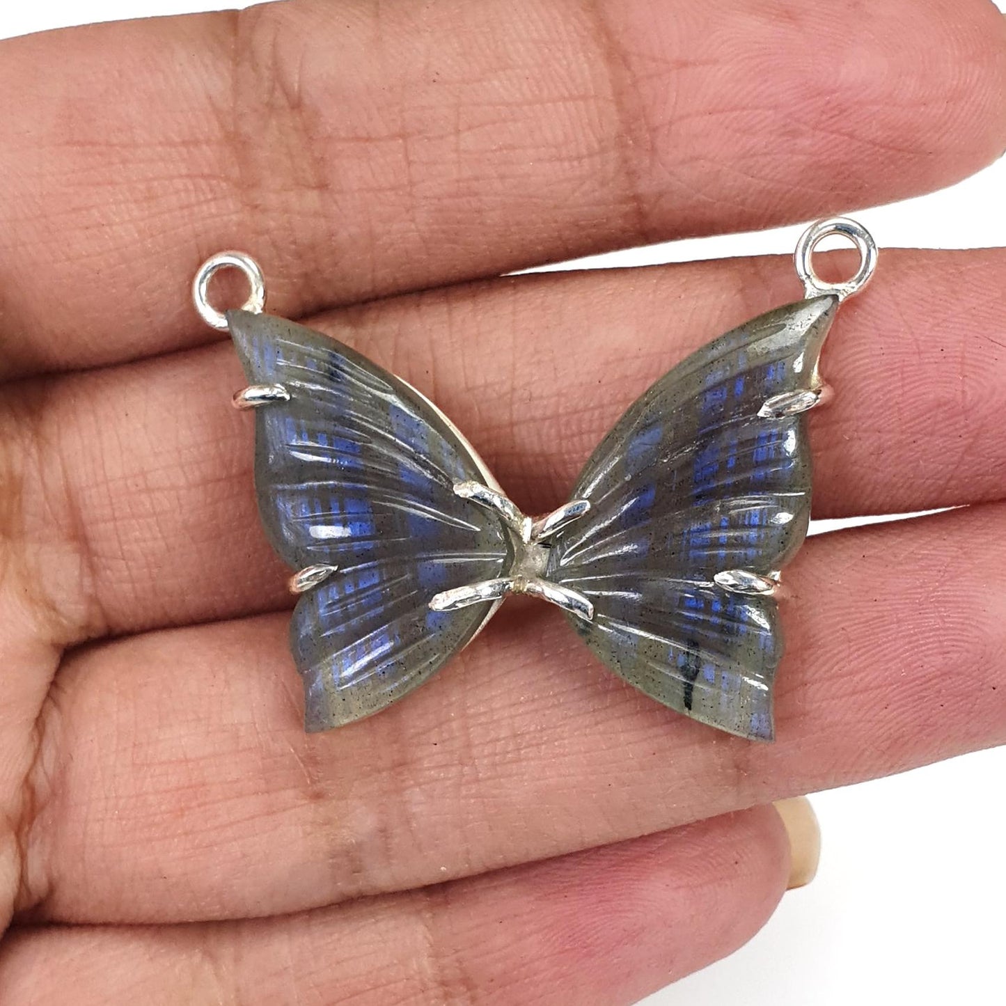 Blue Labradorite Silver Pendant: 6.2gms Natural Untreated Labradorite Butterfly Carving 925 Sterling Silver Prong Set Pendant 1.20"