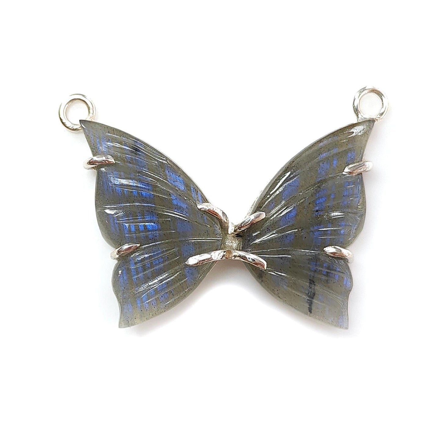 Blue Labradorite Silver Pendant: 6.2gms Natural Untreated Labradorite Butterfly Carving 925 Sterling Silver Prong Set Pendant 1.20"