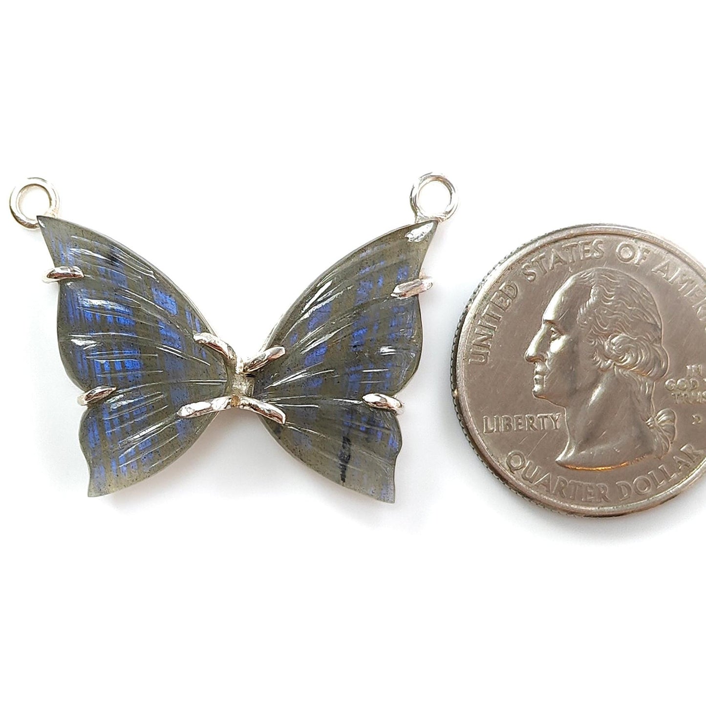 Blue Labradorite Silver Pendant: 6.2gms Natural Untreated Labradorite Butterfly Carving 925 Sterling Silver Prong Set Pendant 1.20"
