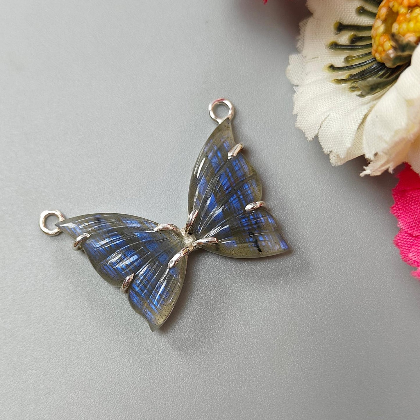 Blue Labradorite Silver Pendant: 6.2gms Natural Untreated Labradorite Butterfly Carving 925 Sterling Silver Prong Set Pendant 1.20"