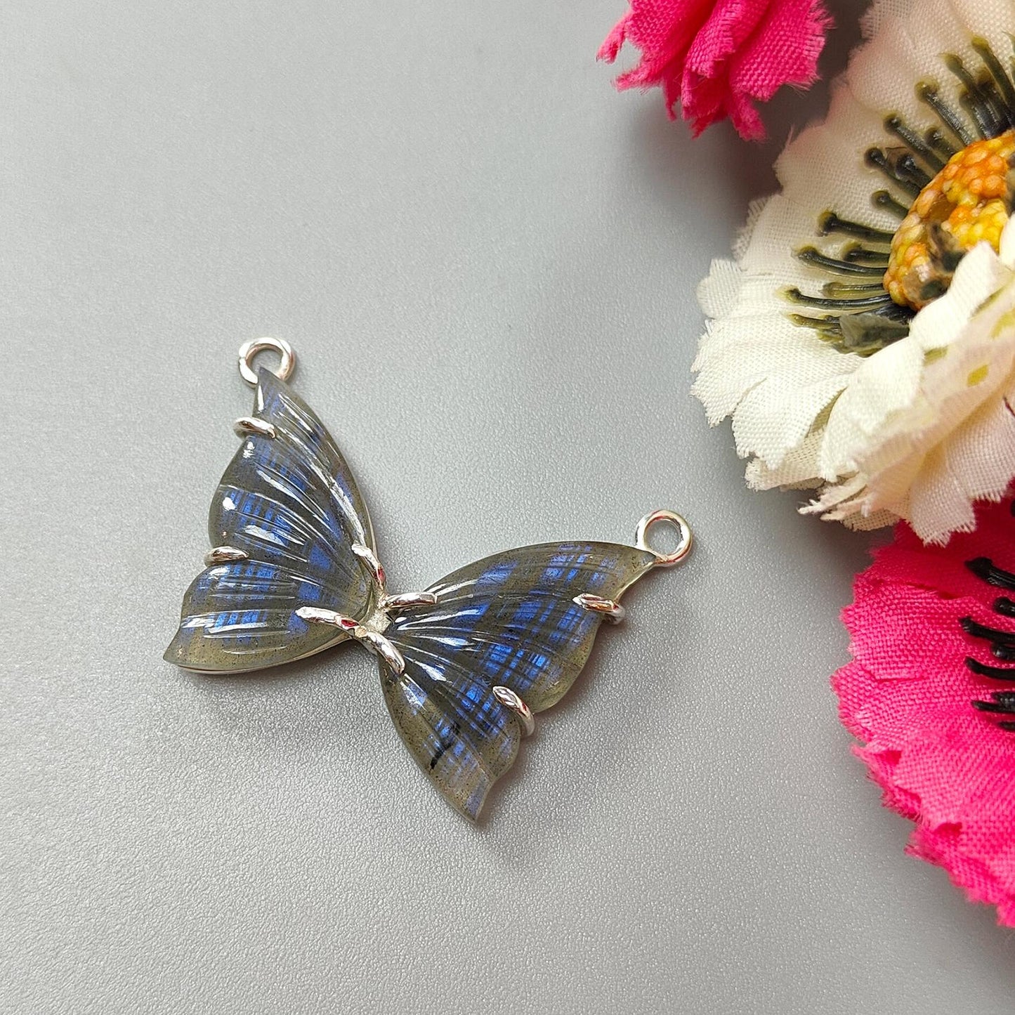 Blue Labradorite Silver Pendant: 6.2gms Natural Untreated Labradorite Butterfly Carving 925 Sterling Silver Prong Set Pendant 1.20"