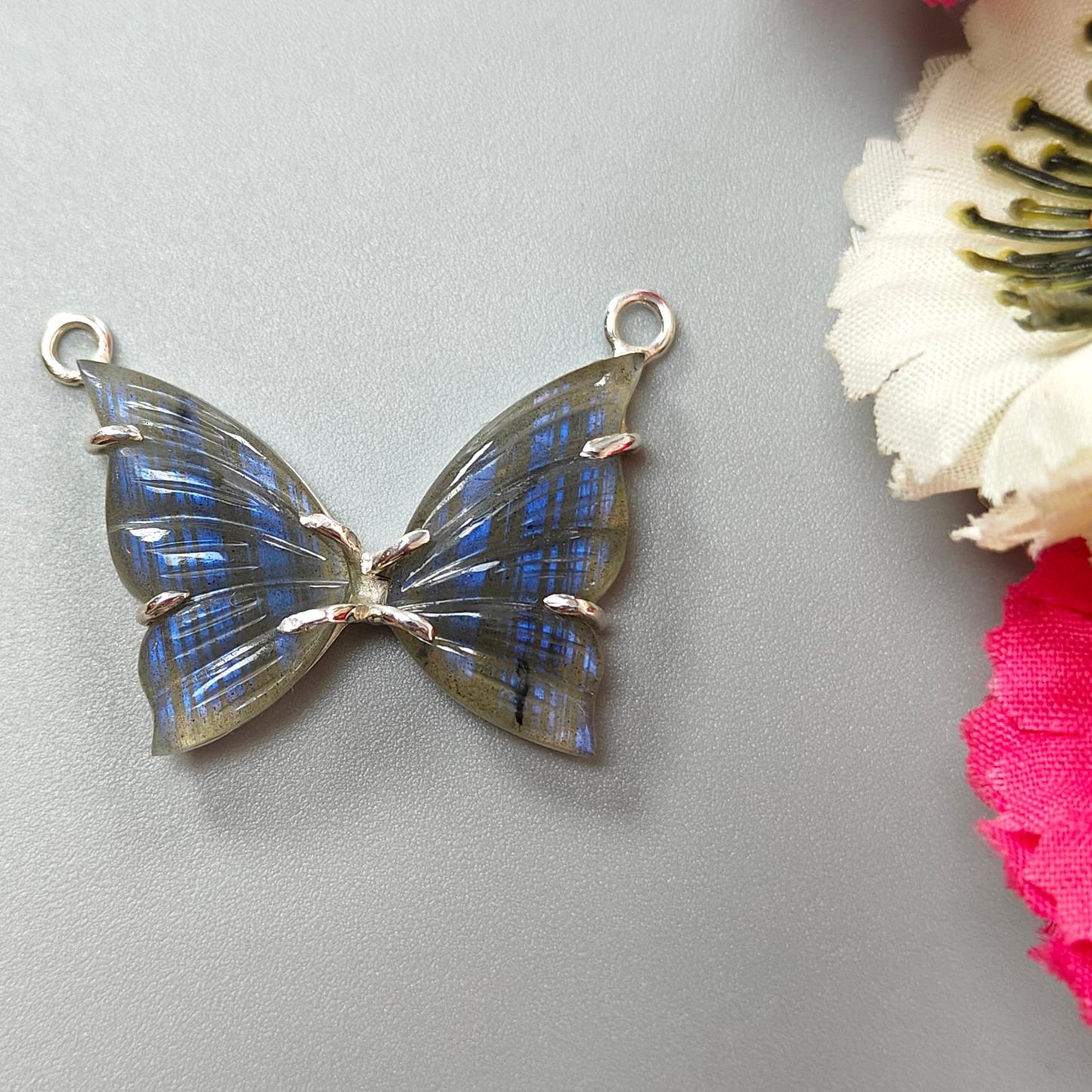 Blue Labradorite Silver Pendant: 6.2gms Natural Untreated Labradorite Butterfly Carving 925 Sterling Silver Prong Set Pendant 1.20"