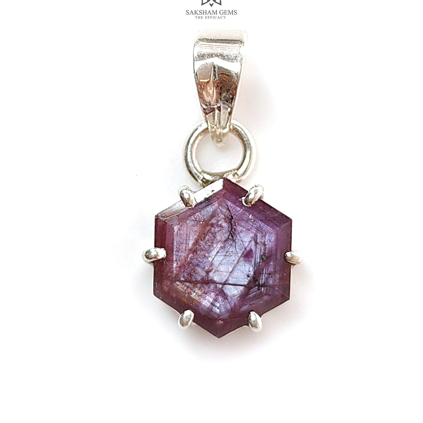 Raspberry Sheen Pink Sapphire Faceted Silver Pendant: 2.81gms Natural Untreated Sapphire Hexagon 925 Sterling Silver Prong Set 1" Pendant