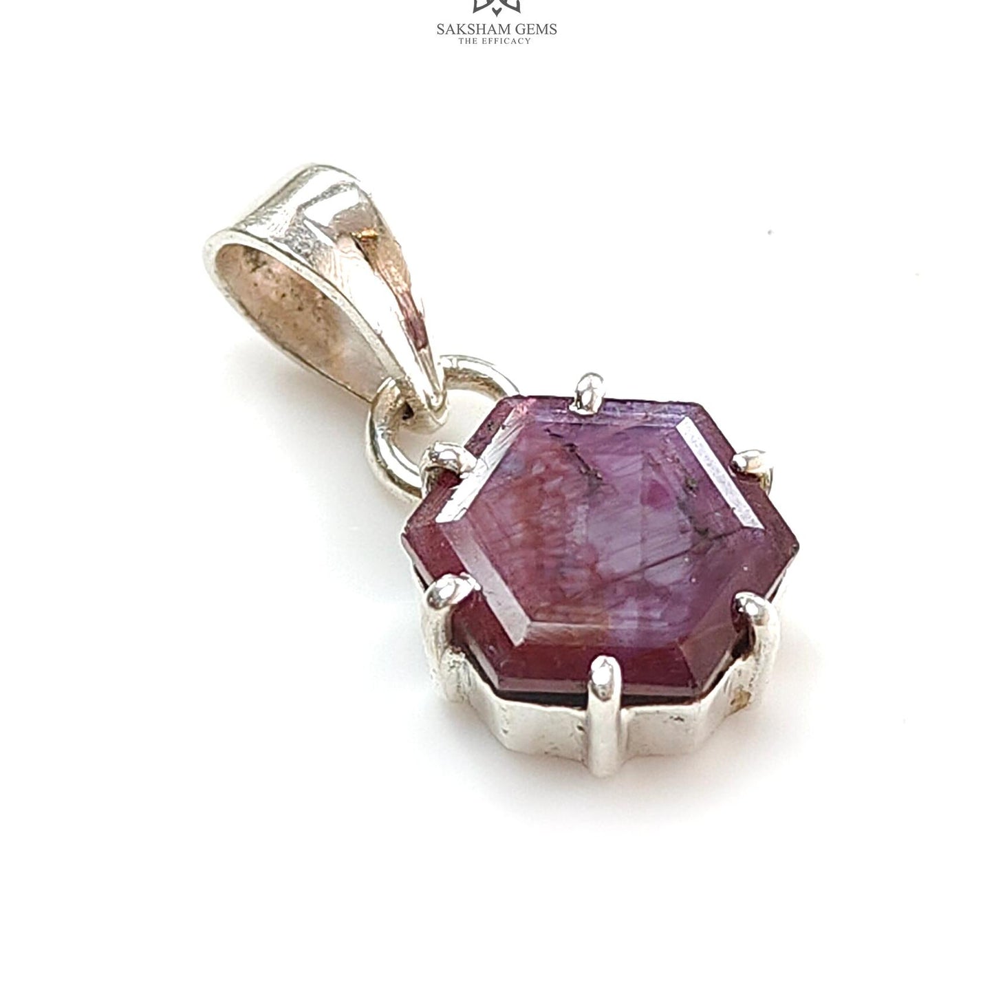Raspberry Sheen Pink Sapphire Faceted Silver Pendant: 2.81gms Natural Untreated Sapphire Hexagon 925 Sterling Silver Prong Set 1" Pendant