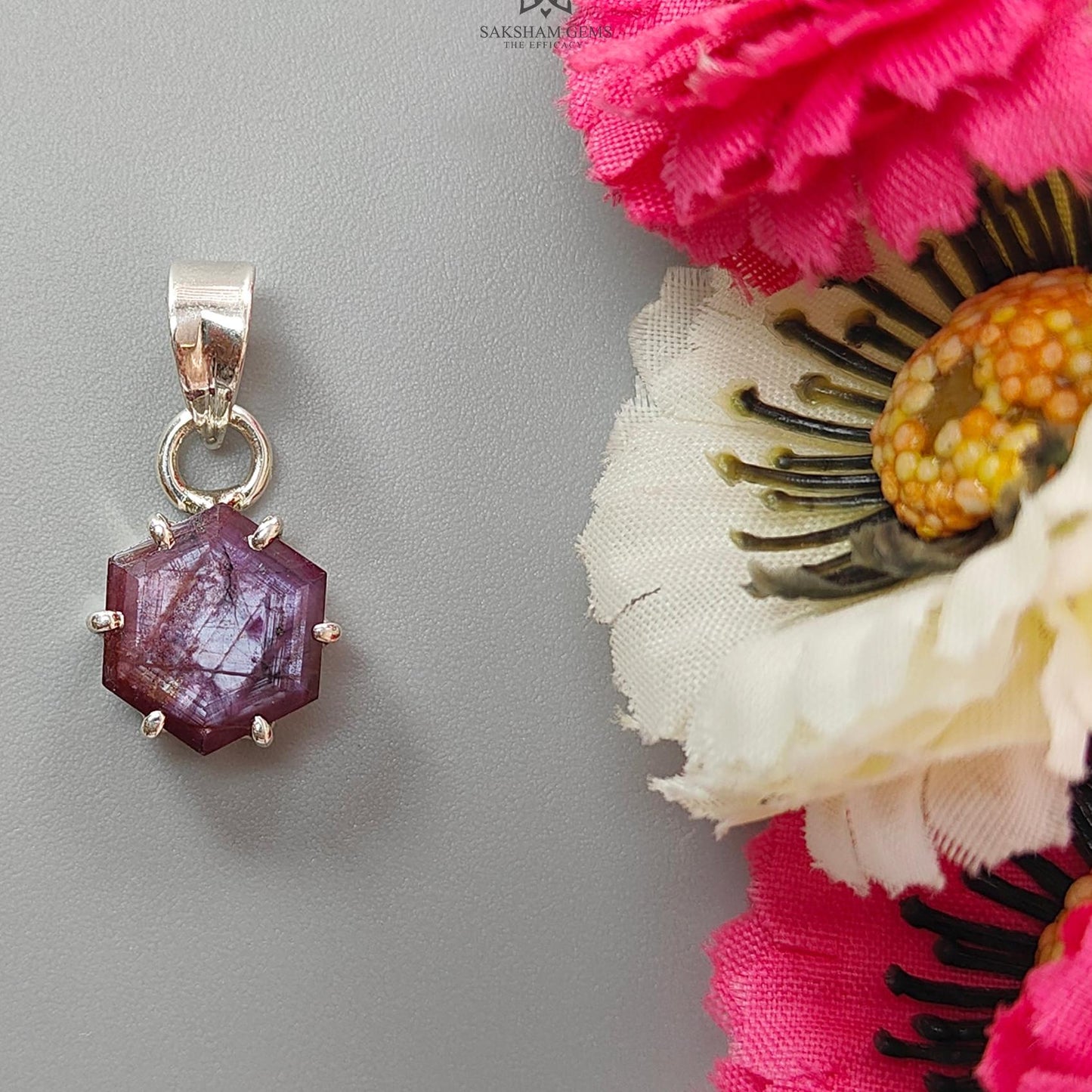 Raspberry Sheen Pink Sapphire Faceted Silver Pendant: 2.81gms Natural Untreated Sapphire Hexagon 925 Sterling Silver Prong Set 1" Pendant