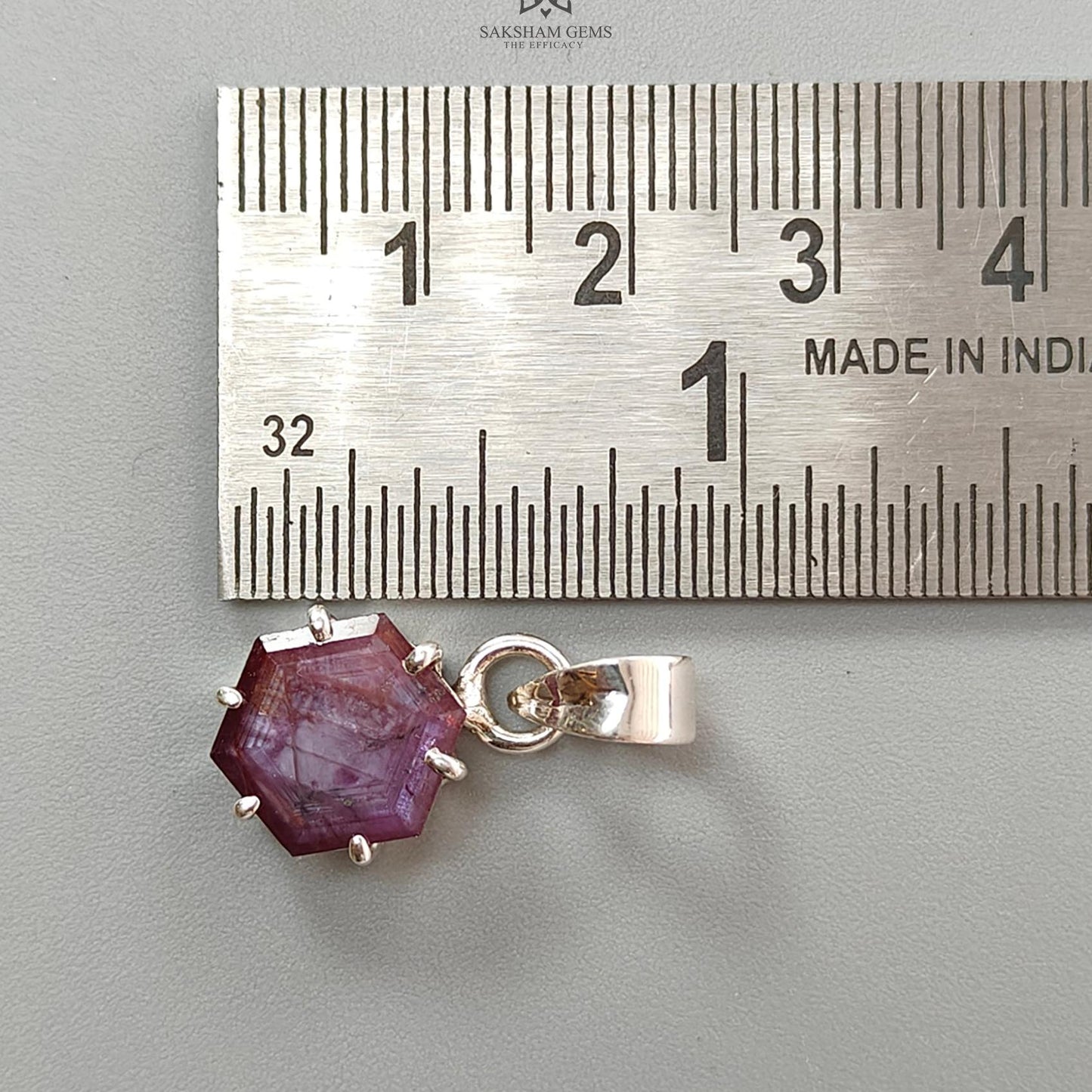Raspberry Sheen Pink Sapphire Faceted Silver Pendant: 2.81gms Natural Untreated Sapphire Hexagon 925 Sterling Silver Prong Set 1" Pendant