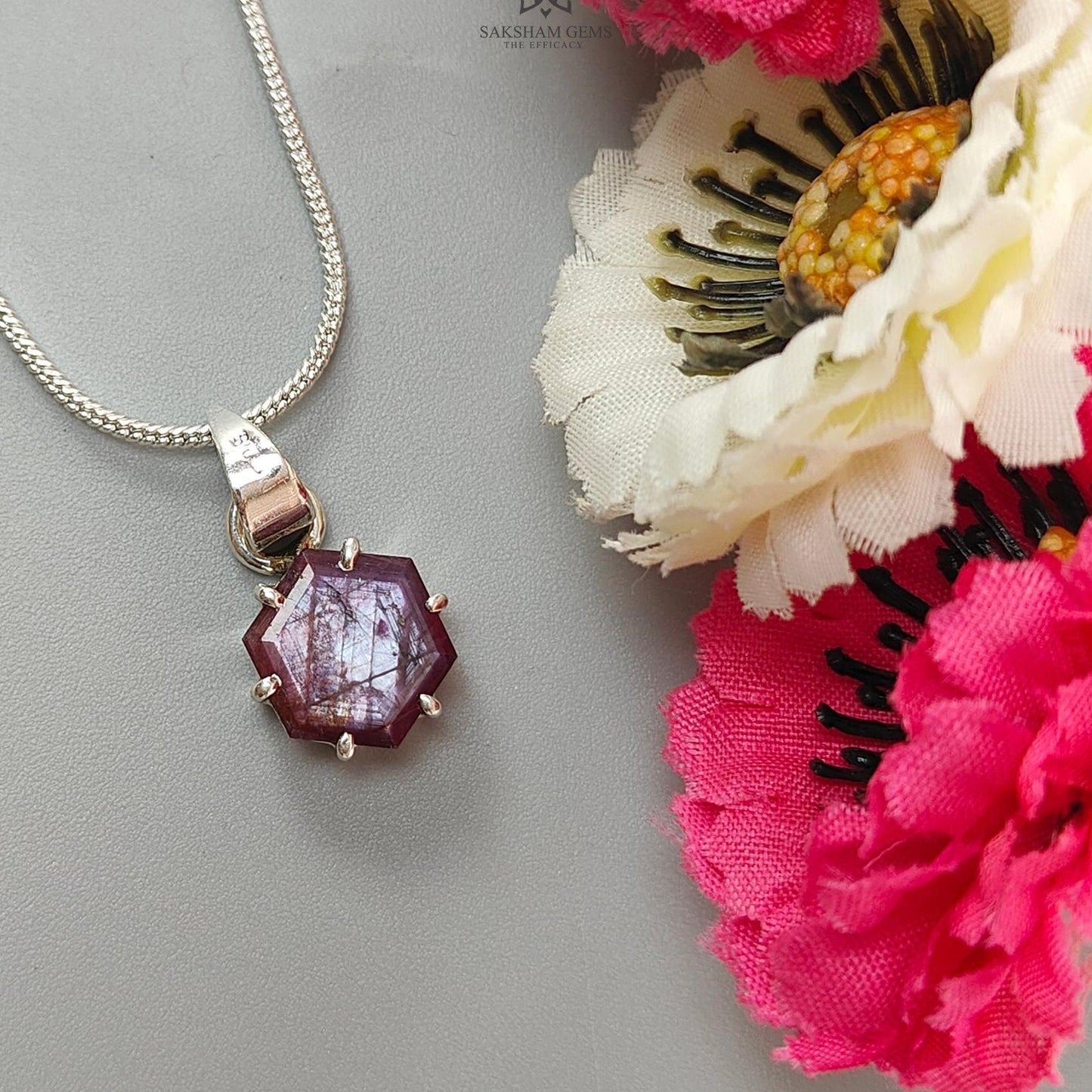 Raspberry Sheen Pink Sapphire Faceted Silver Pendant: 2.81gms Natural Untreated Sapphire Hexagon 925 Sterling Silver Prong Set 1" Pendant