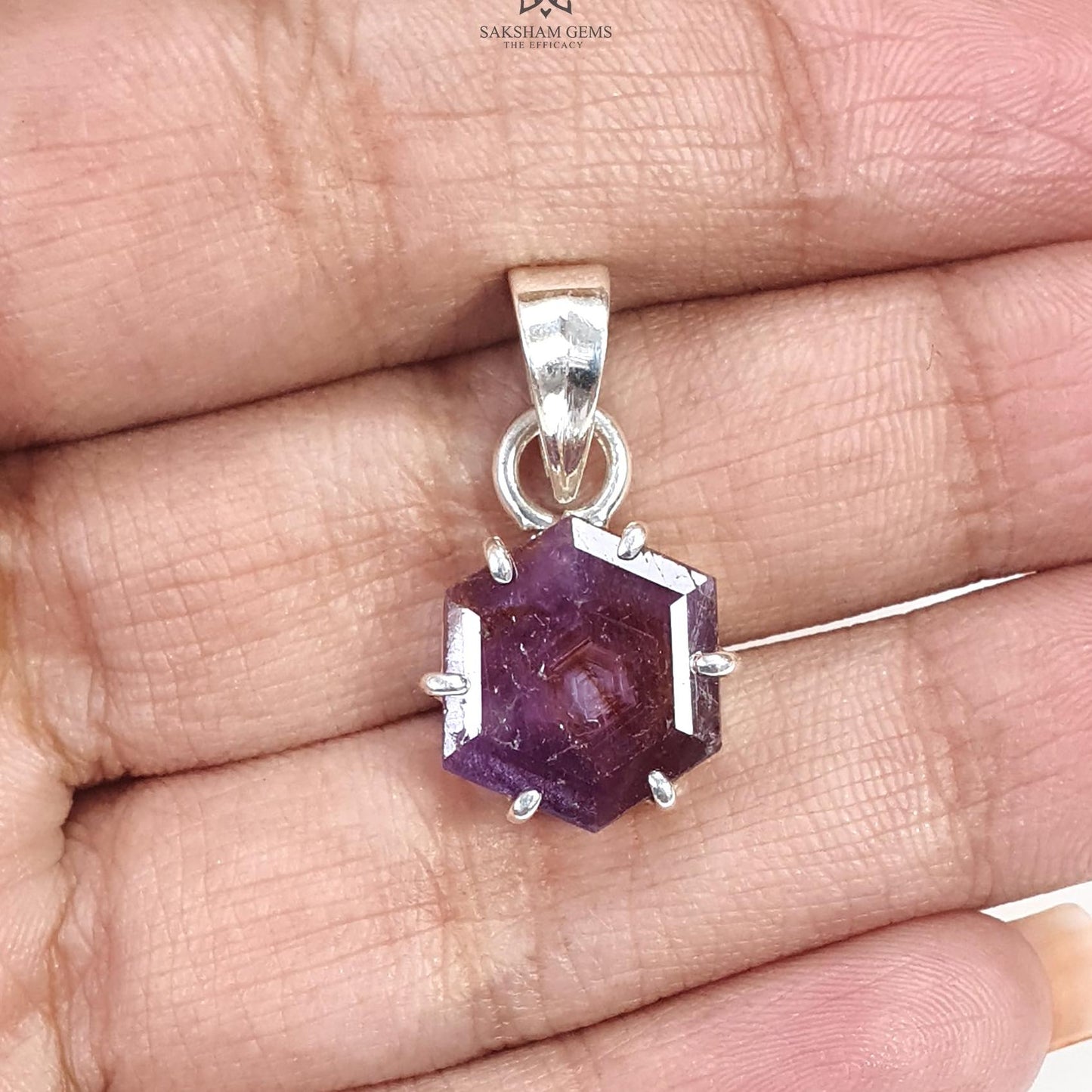 Raspberry Sheen Purple Sapphire Faceted Silver Pendant: 3.00gms Natural Untreated Sapphire Hexagon 925 Sterling Silver Prong Set 1" Pendant