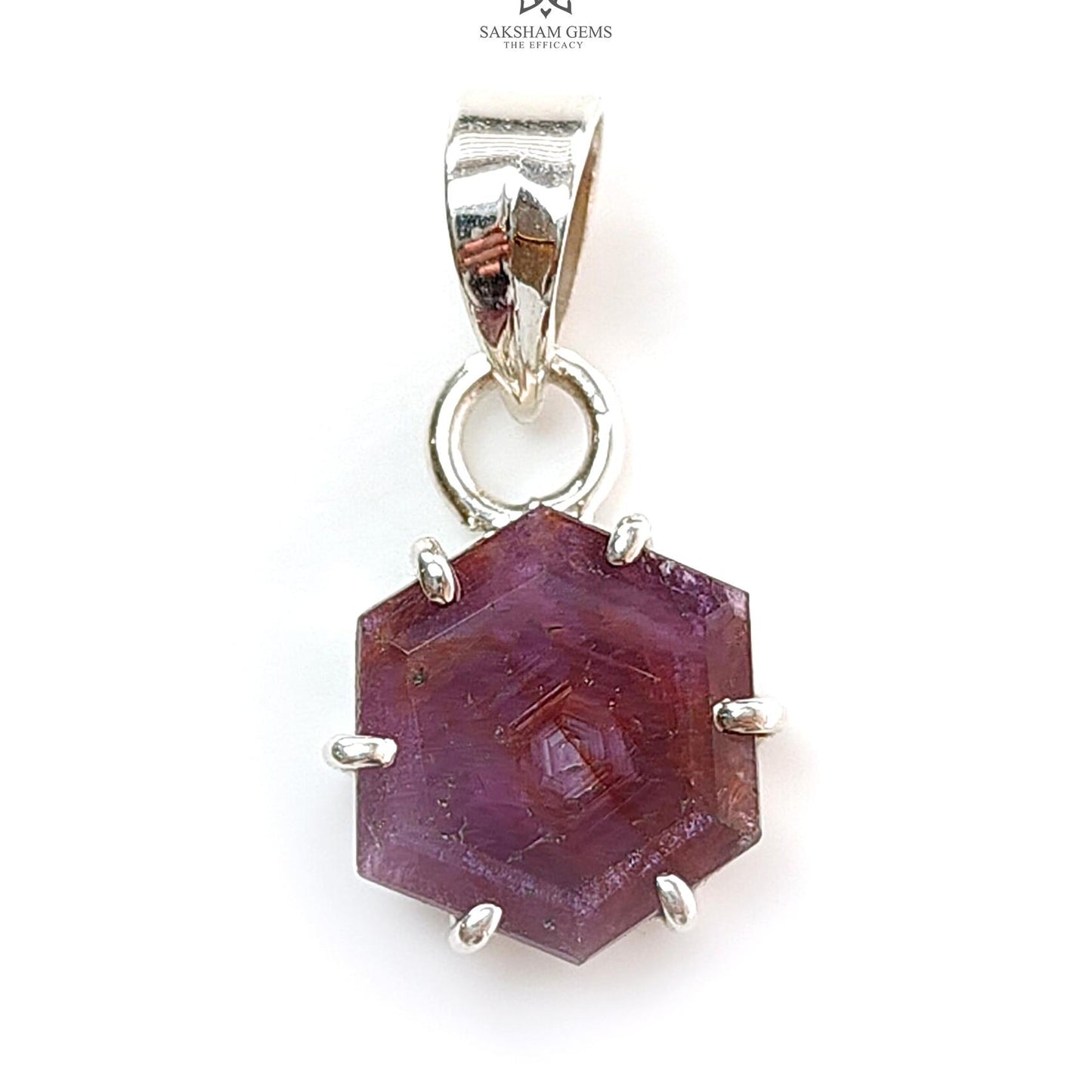 Raspberry Sheen Purple Sapphire Faceted Silver Pendant: 3.00gms Natural Untreated Sapphire Hexagon 925 Sterling Silver Prong Set 1" Pendant