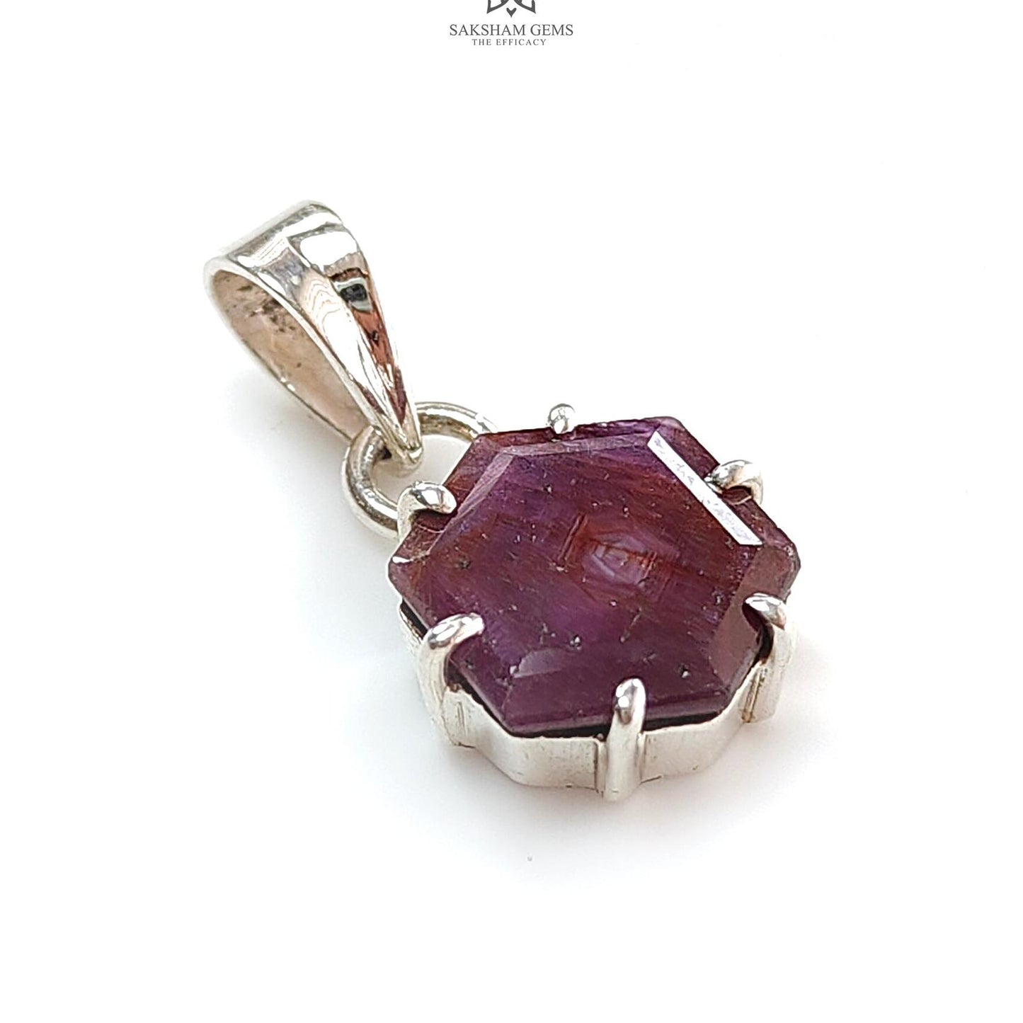 Raspberry Sheen Purple Sapphire Faceted Silver Pendant: 3.00gms Natural Untreated Sapphire Hexagon 925 Sterling Silver Prong Set 1" Pendant