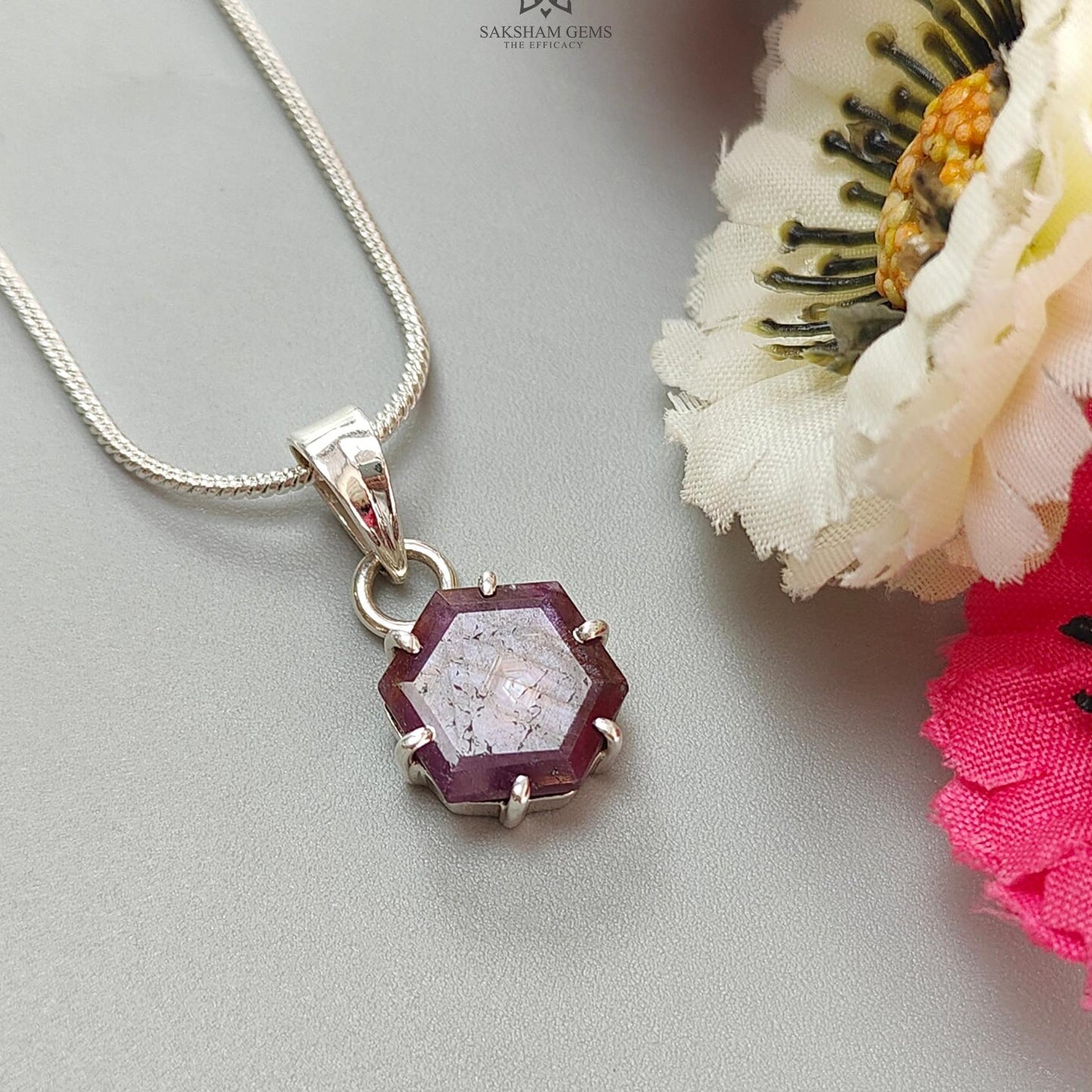 Raspberry Sheen Purple Sapphire Faceted Silver Pendant: 3.00gms Natural Untreated Sapphire Hexagon 925 Sterling Silver Prong Set 1" Pendant