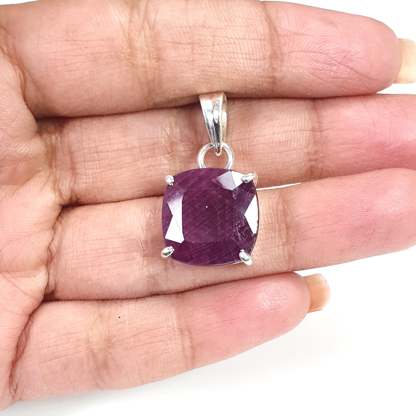 Red Ruby Silver Faceted Cut Pendant: 4.94gms Natural Untreated Ruby Cushion Shape Faceted 925 Sterling Silver Prong Set Pendant 1"