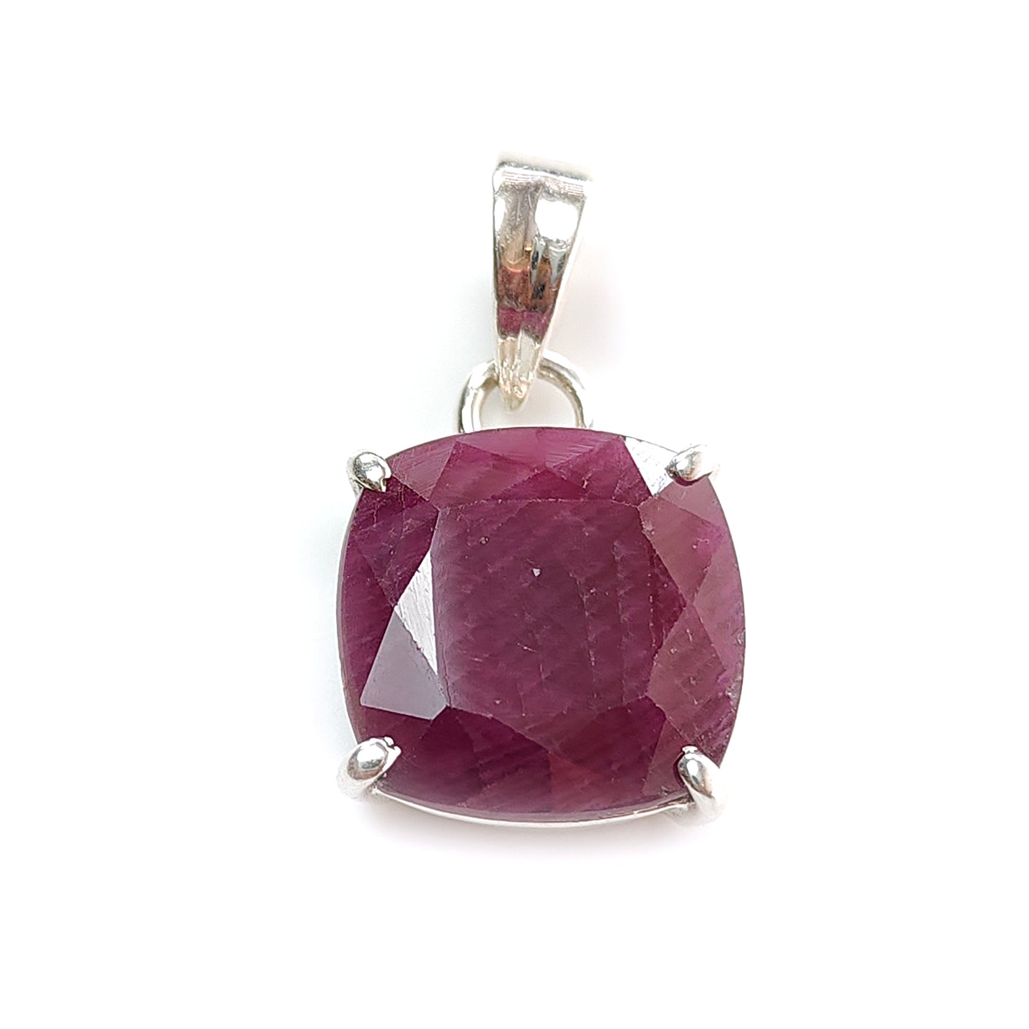 Red Ruby Silver Faceted Cut Pendant: 4.94gms Natural Untreated Ruby Cushion Shape Faceted 925 Sterling Silver Prong Set Pendant 1"