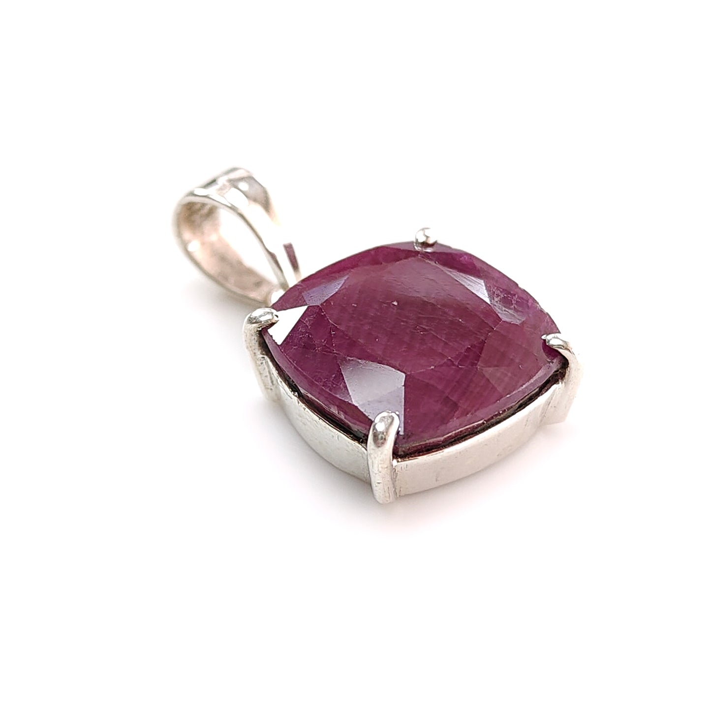 Red Ruby Silver Faceted Cut Pendant: 4.94gms Natural Untreated Ruby Cushion Shape Faceted 925 Sterling Silver Prong Set Pendant 1"
