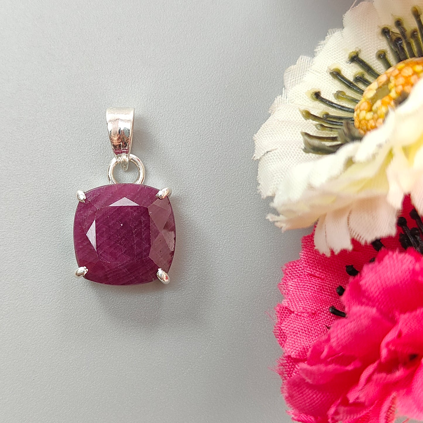Red Ruby Silver Faceted Cut Pendant: 4.94gms Natural Untreated Ruby Cushion Shape Faceted 925 Sterling Silver Prong Set Pendant 1"