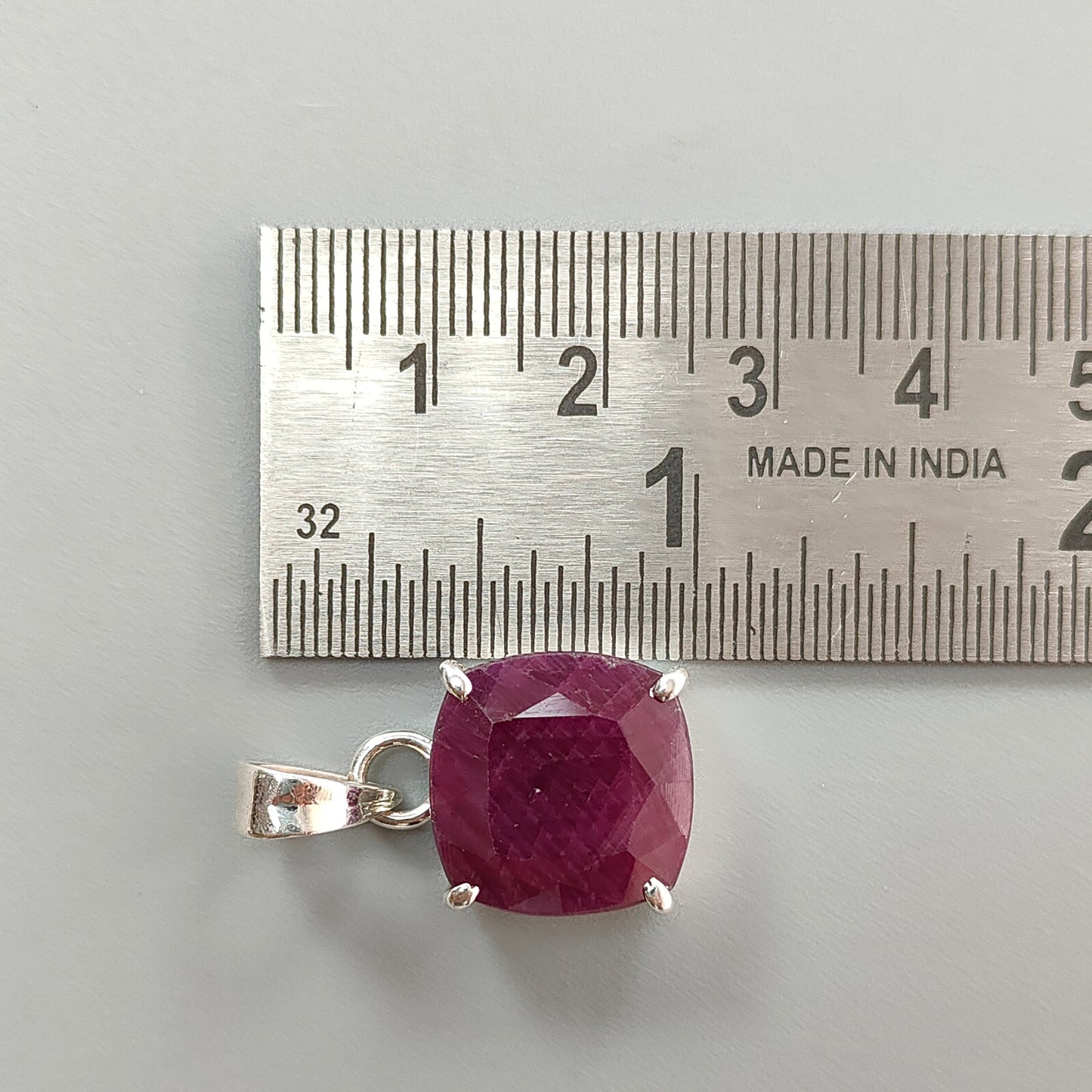 Red Ruby Silver Faceted Cut Pendant: 4.94gms Natural Untreated Ruby Cushion Shape Faceted 925 Sterling Silver Prong Set Pendant 1"