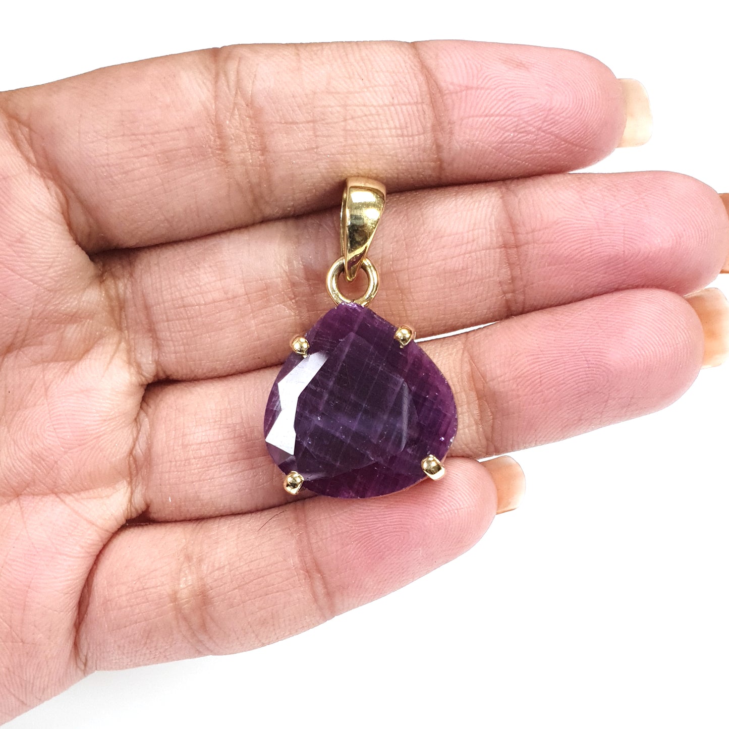 Red Ruby Faceted Cut Pendant: 7.19gms Natural Untreated Ruby Heart Shape Faceted Brass Prong Set Pendant 1.25"