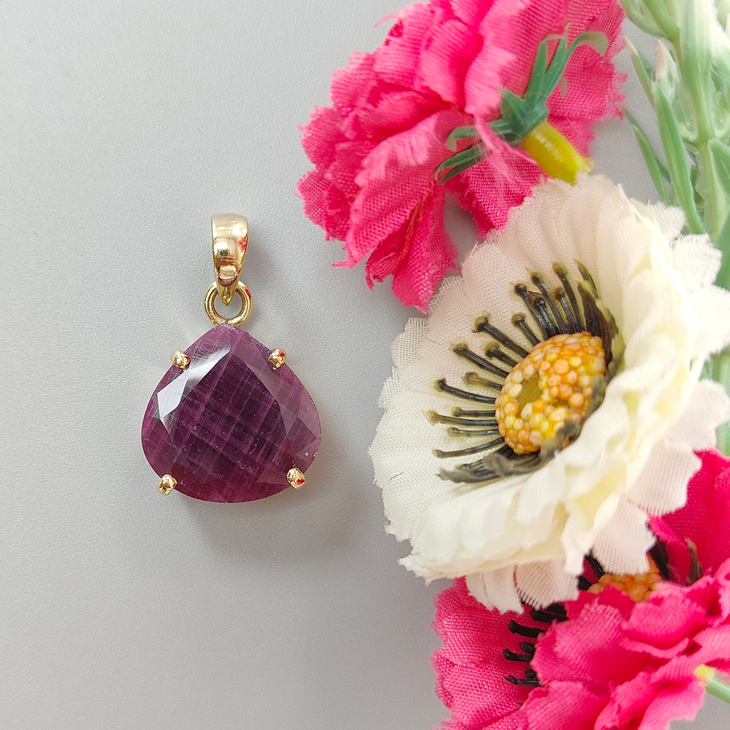 Red Ruby Faceted Cut Pendant: 7.19gms Natural Untreated Ruby Heart Shape Faceted Brass Prong Set Pendant 1.25"