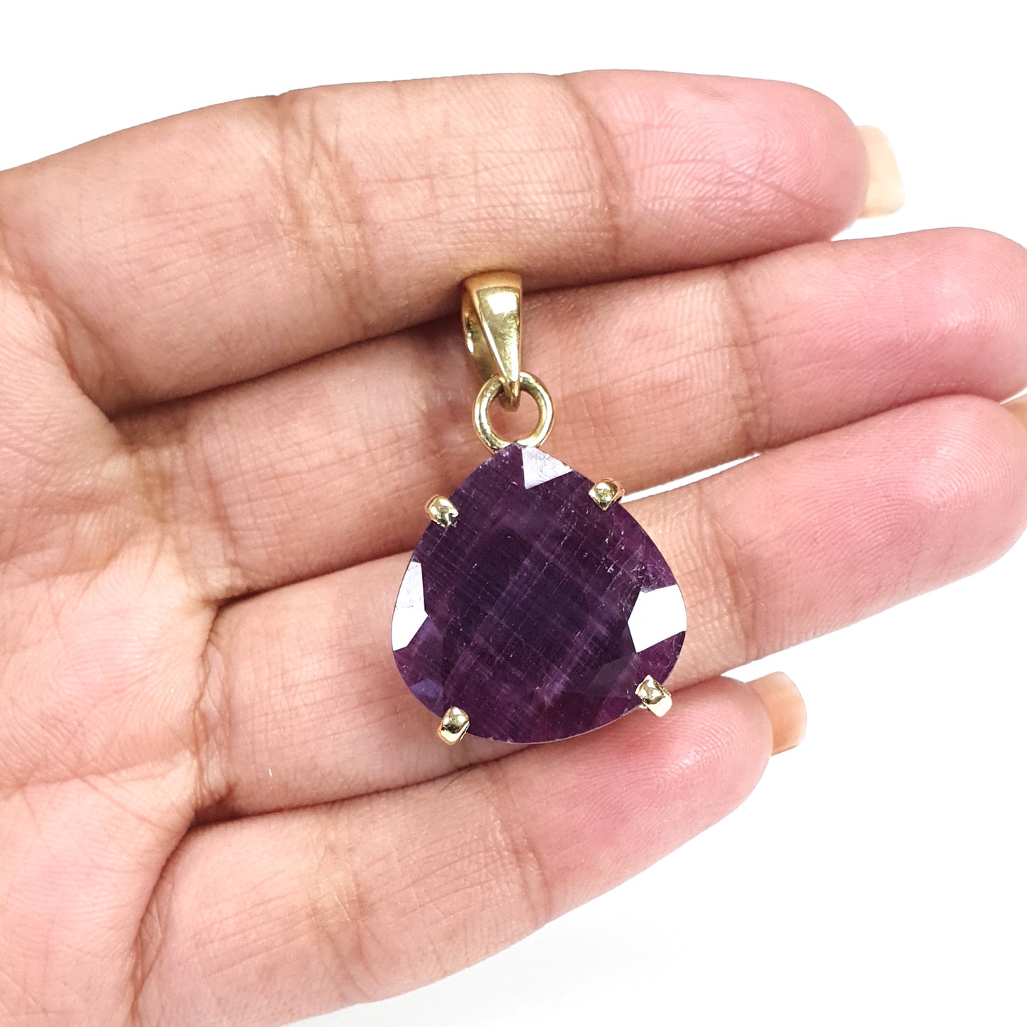 Red Ruby Faceted Cut Pendant: 7.85gms Natural Untreated Ruby Heart Shape Faceted Brass Prong Set Pendant 1.25"