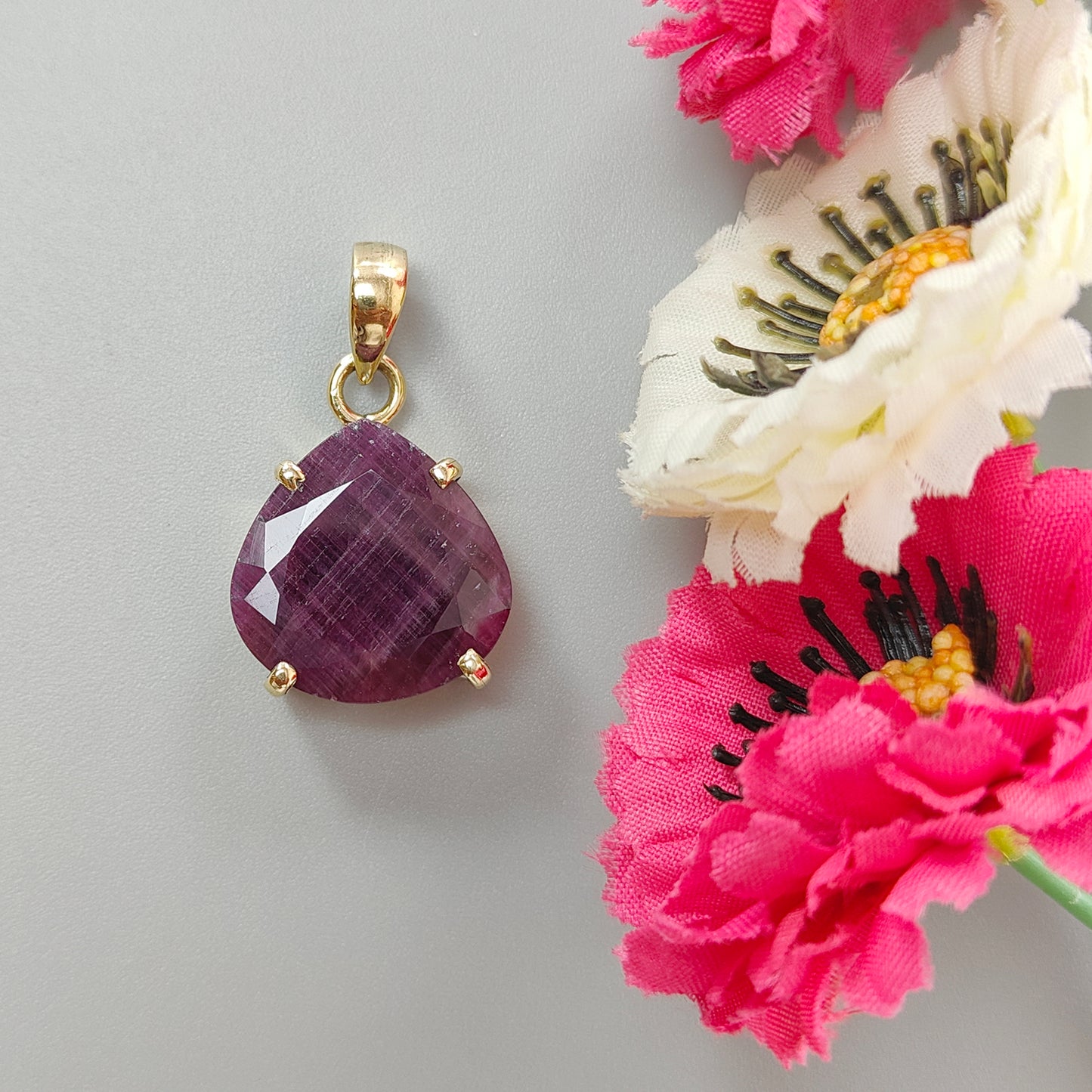 Red Ruby Faceted Cut Pendant: 7.85gms Natural Untreated Ruby Heart Shape Faceted Brass Prong Set Pendant 1.25"
