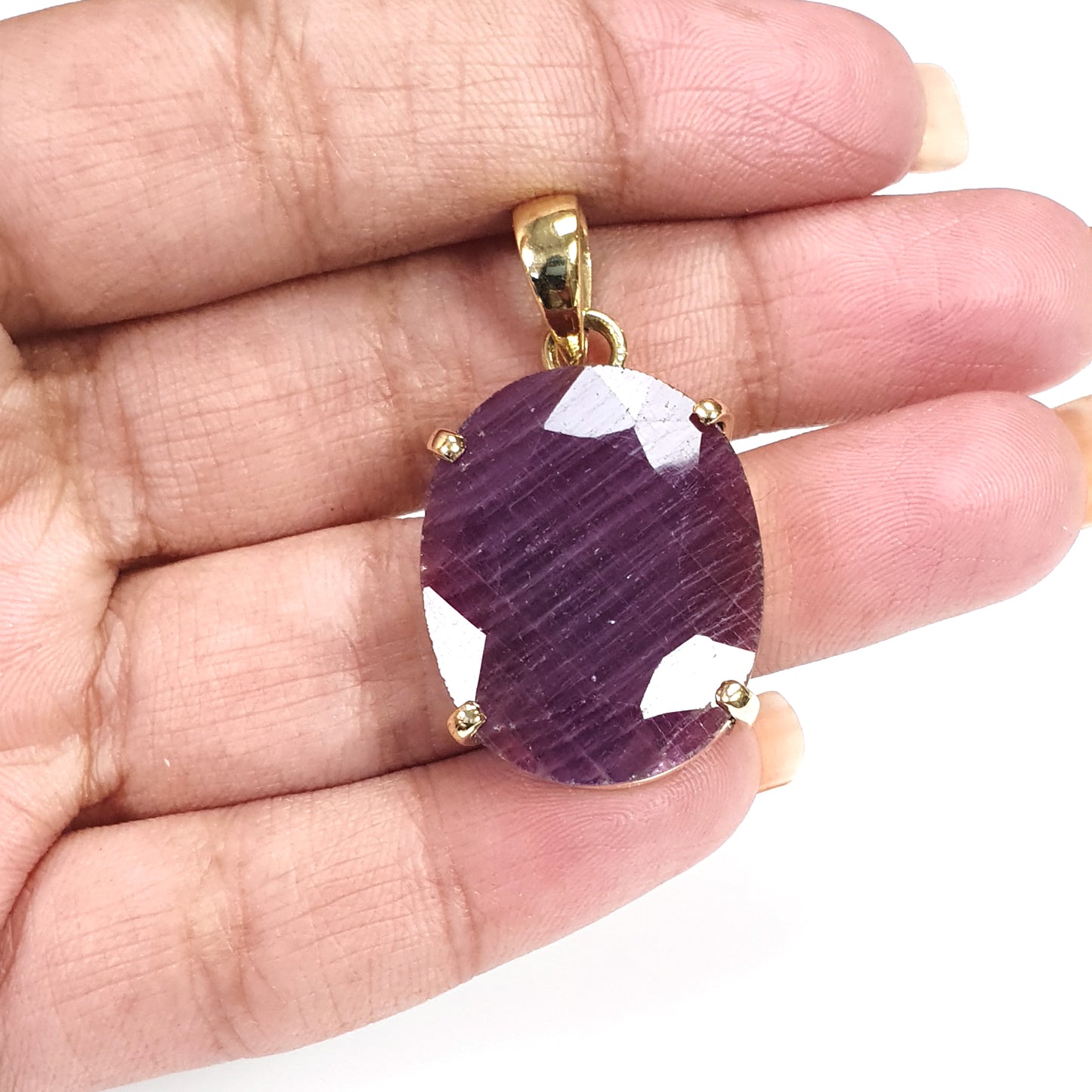 Red Ruby Faceted Cut Pendant: 10.34gms Natural Untreated Ruby Oval Shape Faceted Brass Prong Set Pendant 1.5"