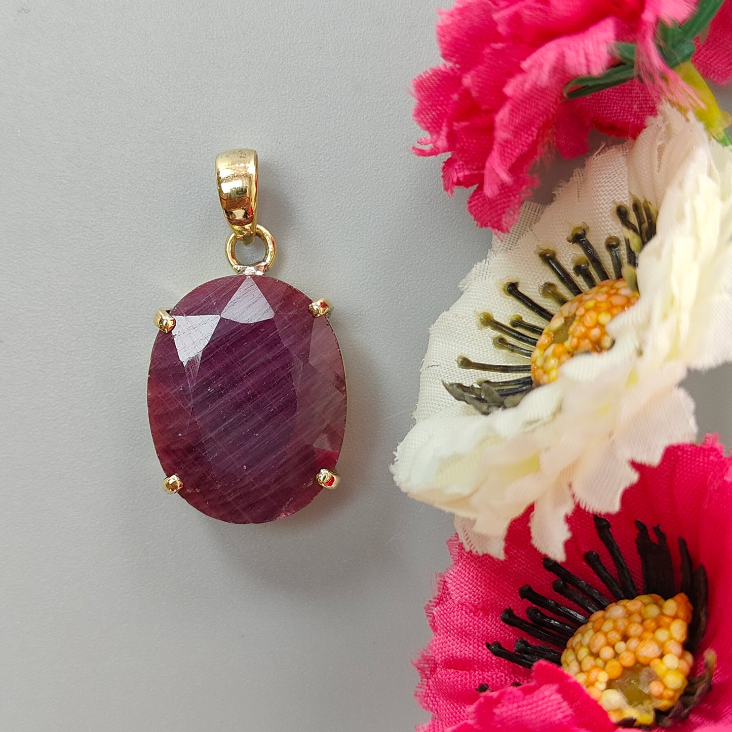 Red Ruby Faceted Cut Pendant: 10.34gms Natural Untreated Ruby Oval Shape Faceted Brass Prong Set Pendant 1.5"