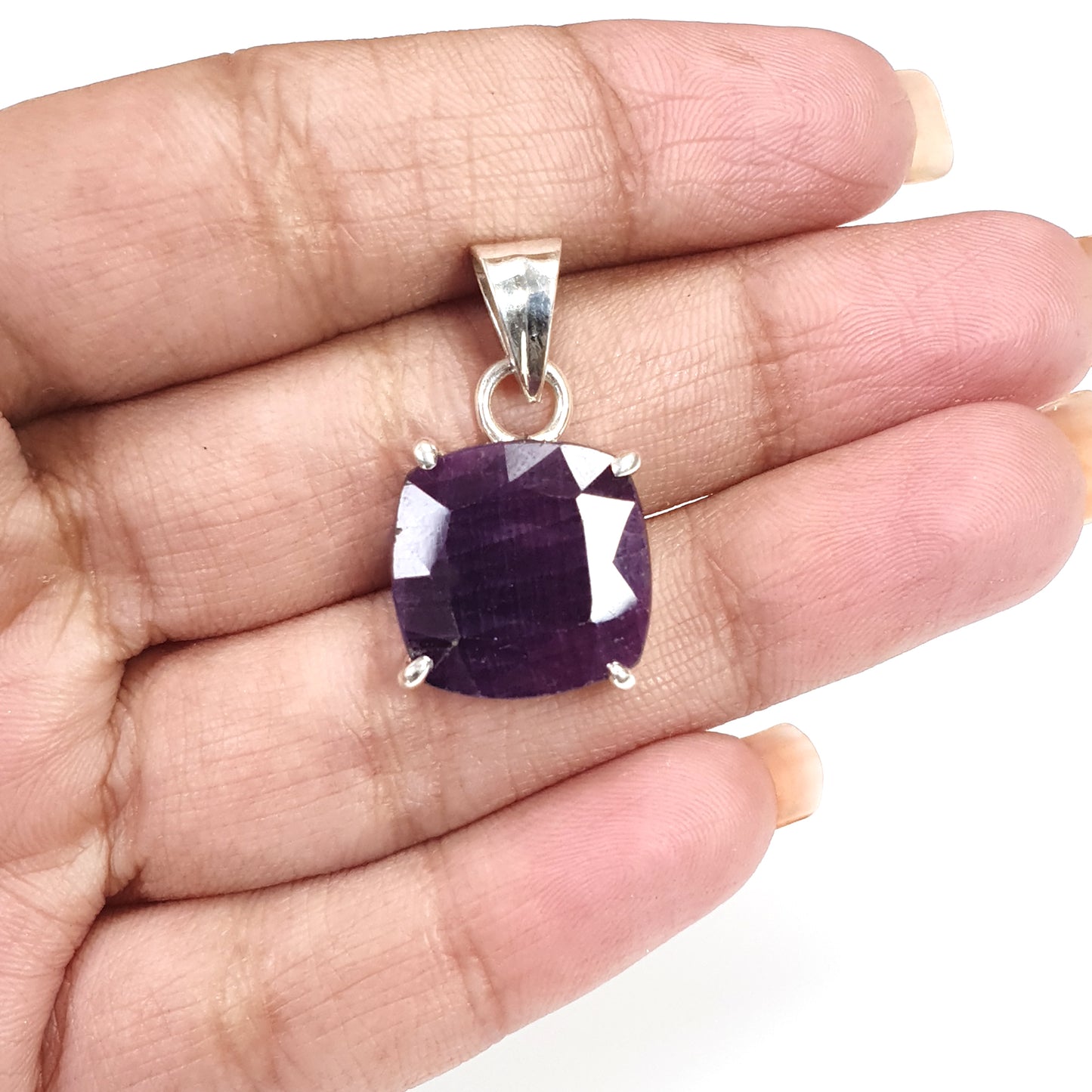 Red Ruby Silver Faceted Cut Pendant: 5.07gms Natural Untreated Ruby Cushion Shape Faceted 925 Sterling Silver Prong Set Pendant 1"