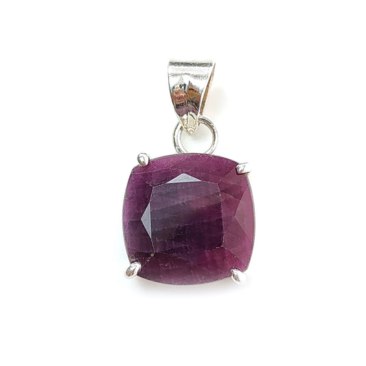 Red Ruby Silver Faceted Cut Pendant: 5.07gms Natural Untreated Ruby Cushion Shape Faceted 925 Sterling Silver Prong Set Pendant 1"
